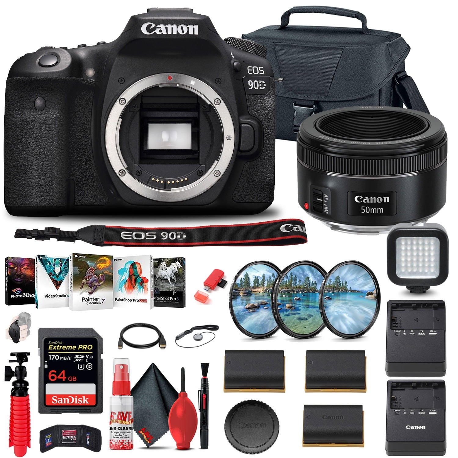 Canon EOS 90D DSLR Camera Body Only 3616C002 + Canon EF 50mm Lens Outdoor Bundle
