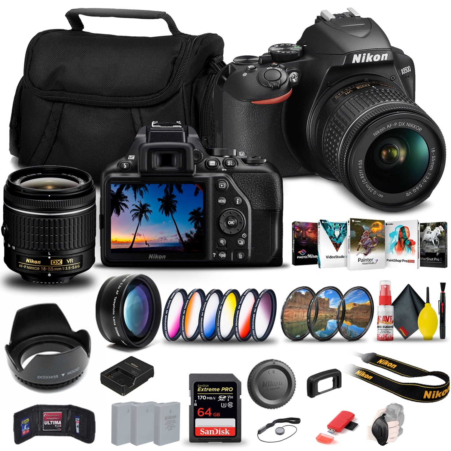 Nikon D3500 DSLR Camera with 18-55mm Lens 1590 + 64GB Extreme Pro Card Supreme Bundle