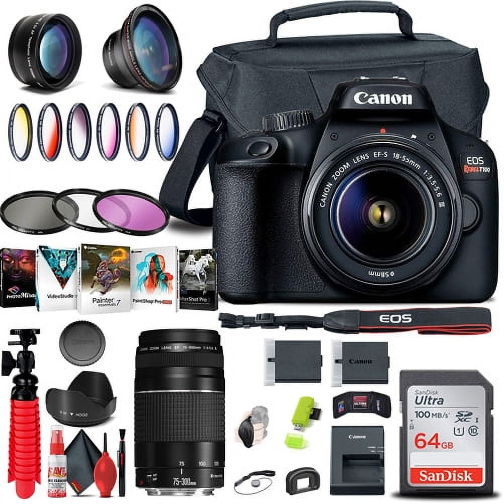 Canon EOS Rebel T100 / 4000D DSLR Camera with 18-55mm Lens + EF 75-300mm tripod bundle