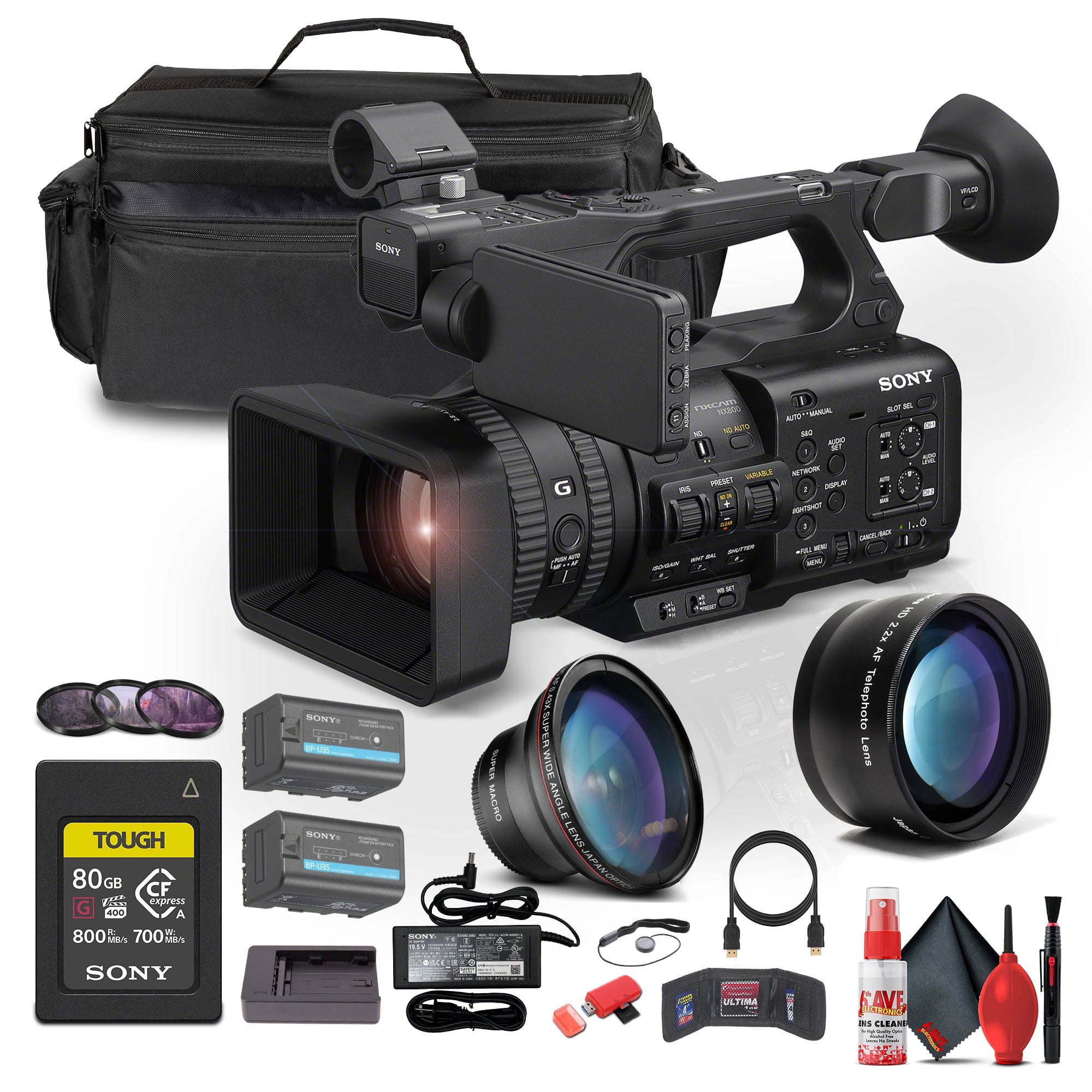 Sony HXR-NX800 NXCAM Camcorder + 80GB CFexpress Card + BP-U35 Battery + More