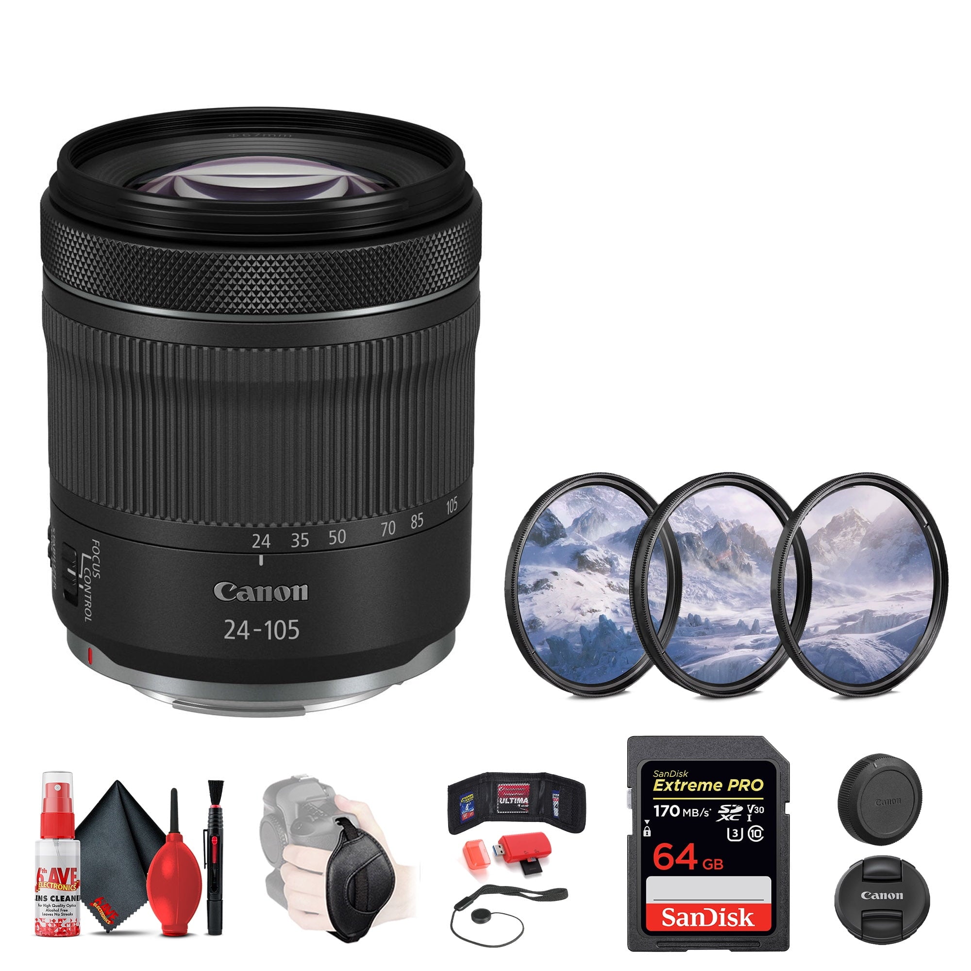 Canon RF 24-105mm f/4-7.1 IS STM Lens + 64GB SD Card + Camera Bag + More