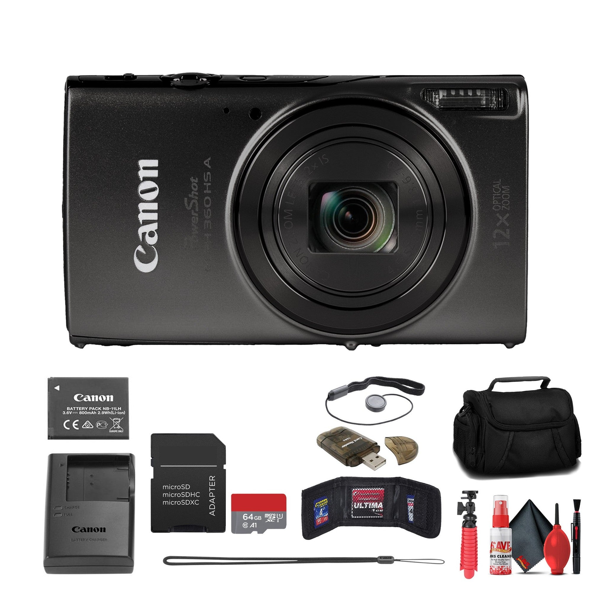 Canon PowerShot ELPH 360 HS A Camera + 64GB Card + Case + More International Version