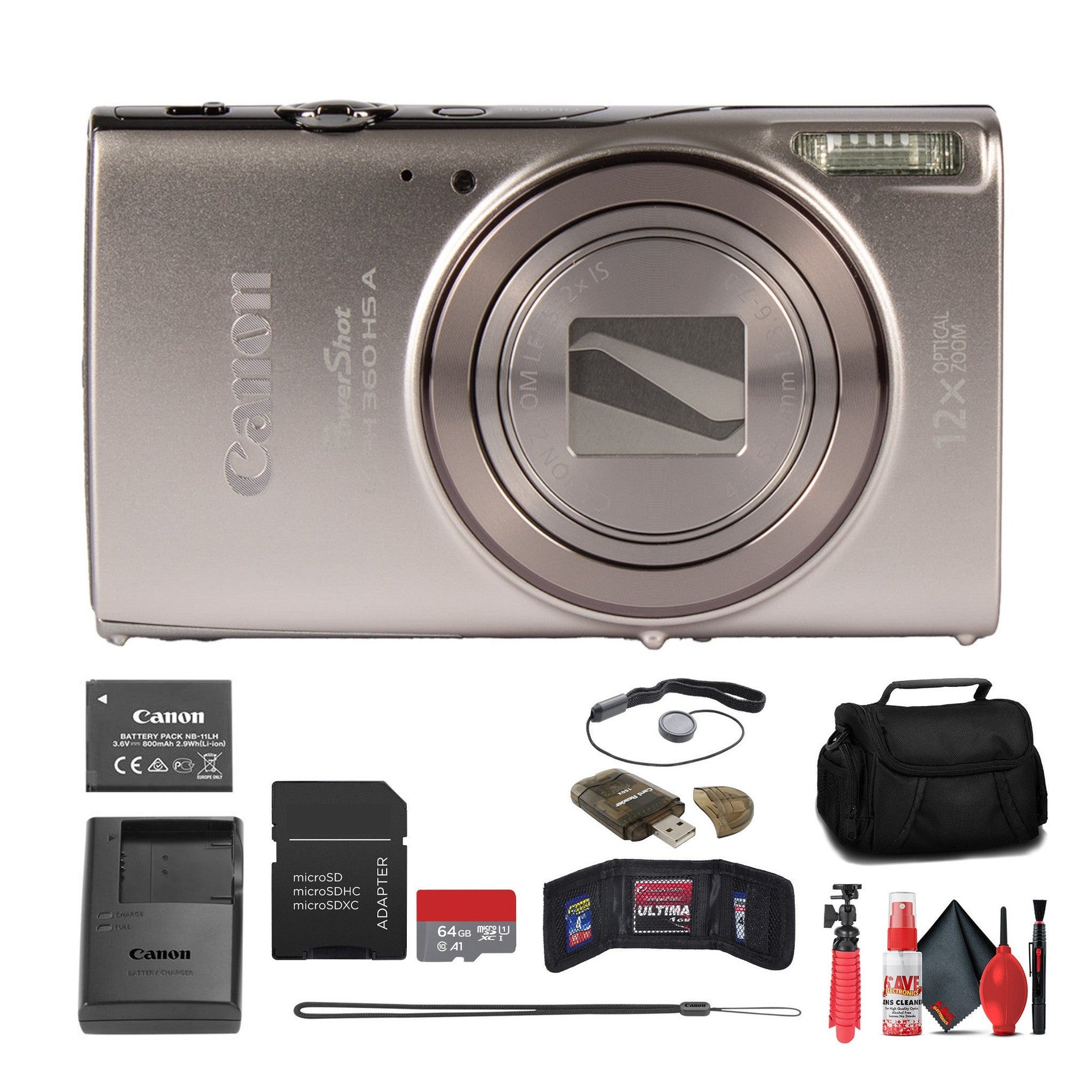 Canon PowerShot ELPH 360 HS A Camera + 64GB Card + Case + More