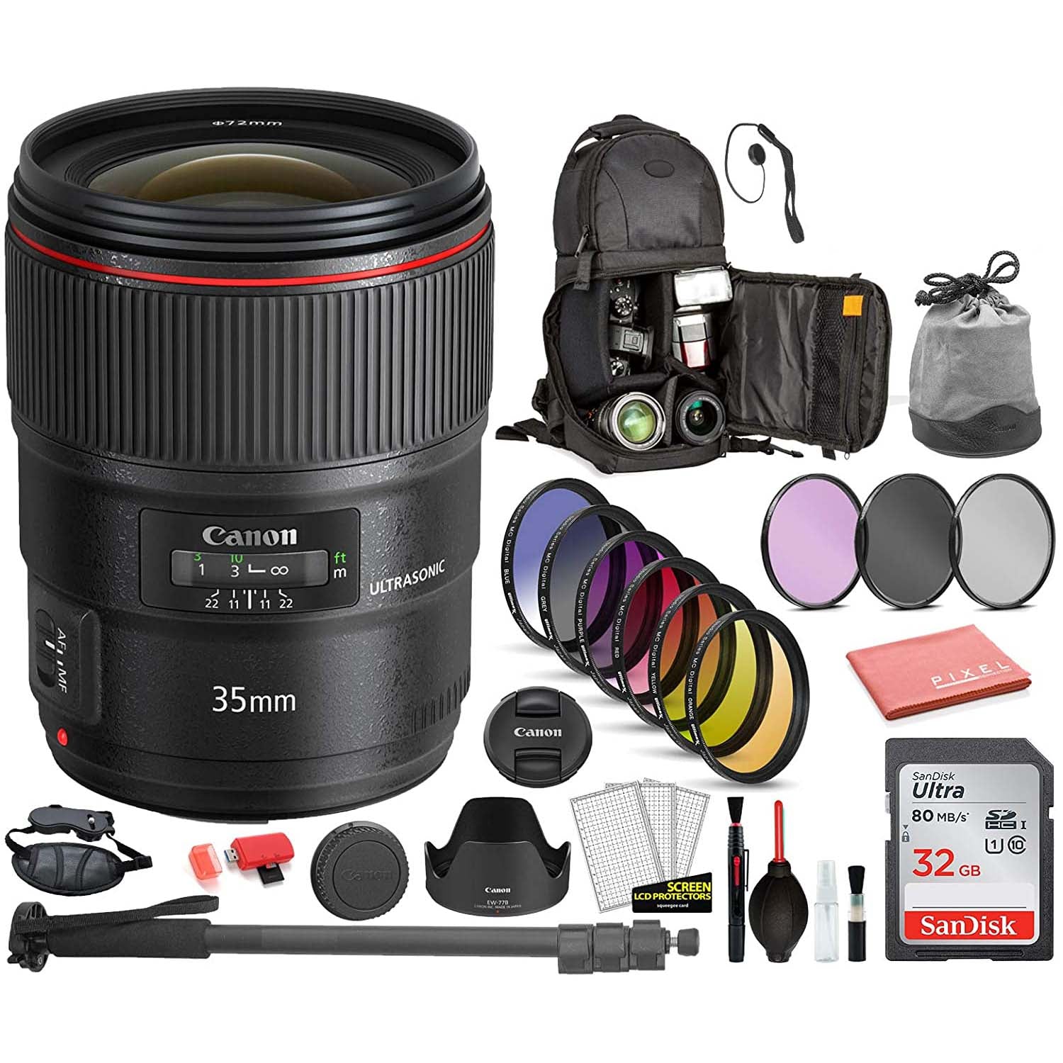 Canon EF 35mm f/1.4L II USM Lens (9523B002) Bundle Includes: DSLR Sling Backpack, 9PC Filter Kit, Sandisk 32GB SD + More