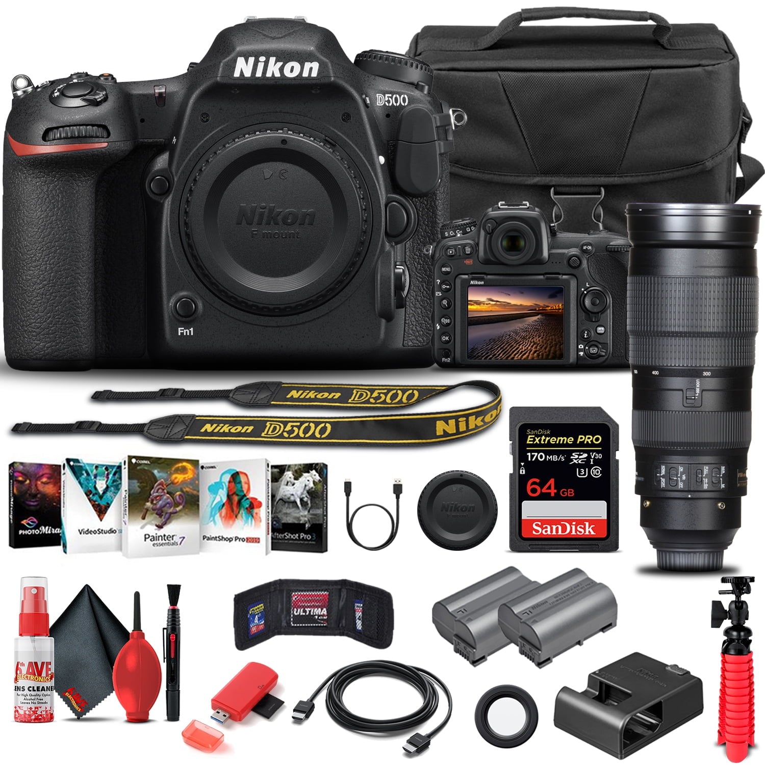 Nikon D500 DSLR Camera Body Only 1559 W/ Nikon 200-500mm Lens - Basic Bundle