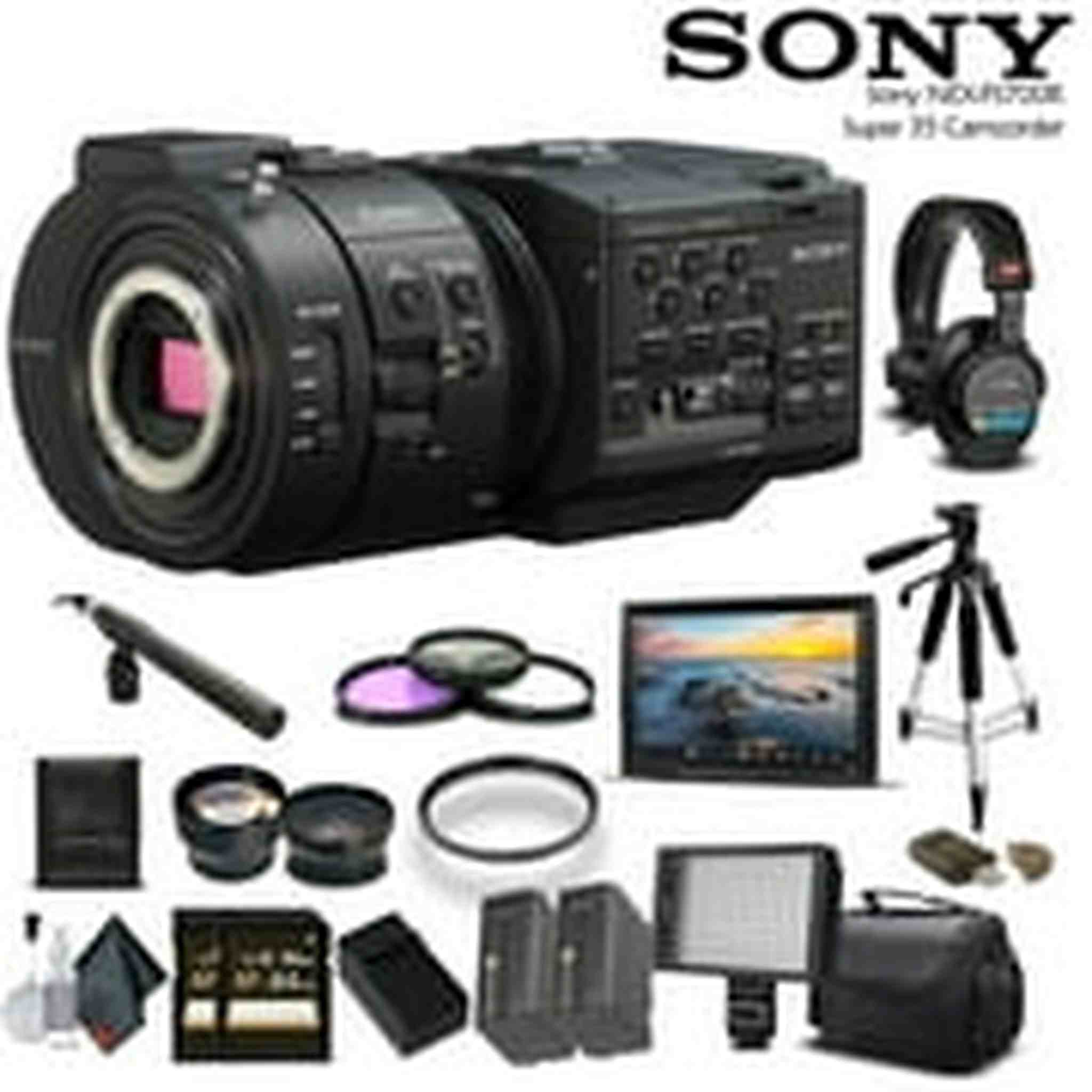 Sony NEX-FS700R Super 35 Camcorder Intl Model With 2 -64GB Cards, 2 Extra Batteries, LED Light, Case, Tripod, Rode Mic, External Screen, and Sony Headphones - Professional Bundle