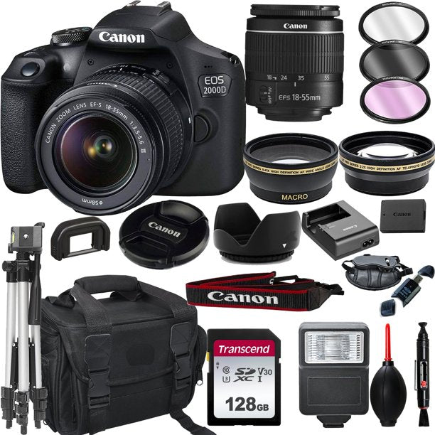 Canon EOS 2000D Rebel T7 DSLR Camera with 18-55mm f/3.5-5.6 Zoom Lens + + 128GB Card, Tripod, Flash, and More 20pc Bundle