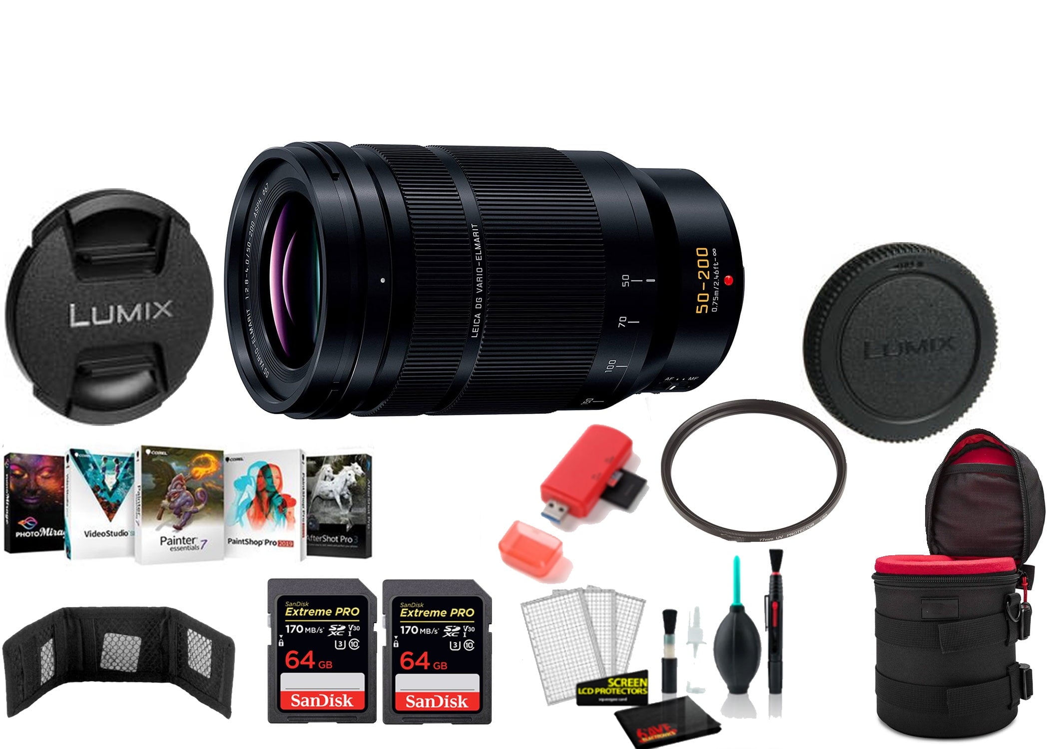 Panasonic Leica DG Vario-Elmarit 50-200mm f/2.8-4 ASPH. POWER O.I.S. Lens with 2x 64 Memory Cards and More (International Model)