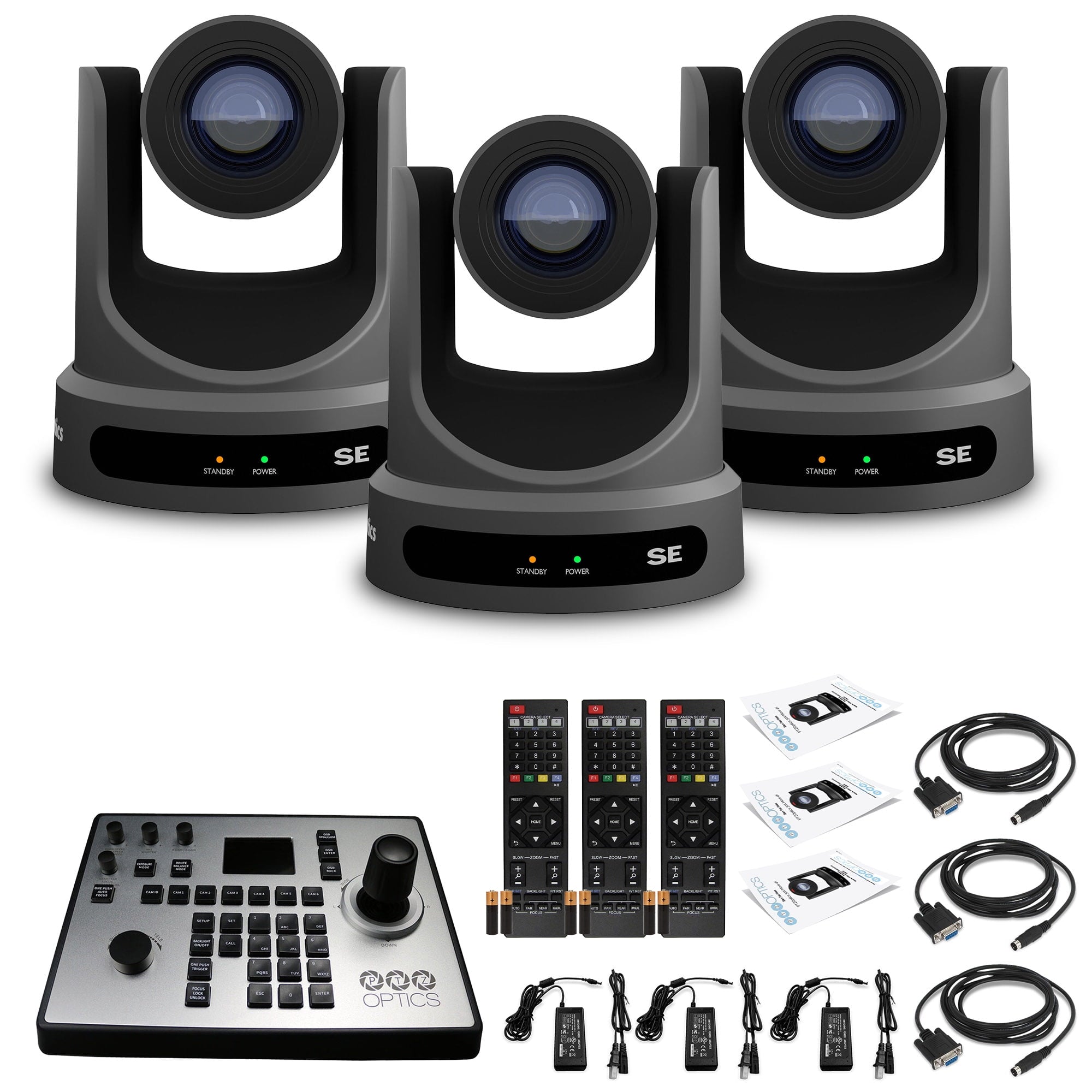 3 x PTZOptics Move SE PTZ Camera with 30x Optical Zoom Gray PT30X-SE-GY-G3 + PT-JOY-G4 Controller