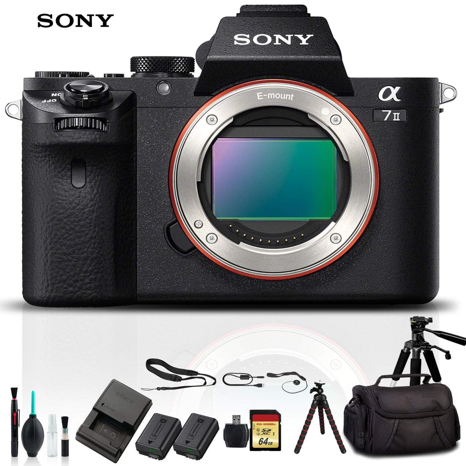 Sony Alpha a7 II Mirrorless Camera ILCE7M2/B With Soft Bag, Tripod, Additional Battery, 64GB Memory Card, Card Reader , Plus Essential Accessories