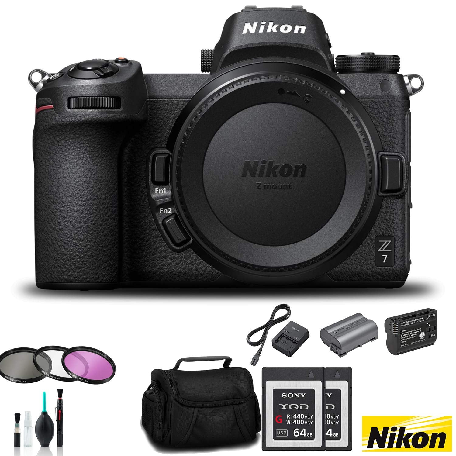 Nikon Z7 Mirrorless FX-Format Digital Camera Body Only - Bundle 2X 64GB Memory Card + EN-EL15 Li-on Battery + External