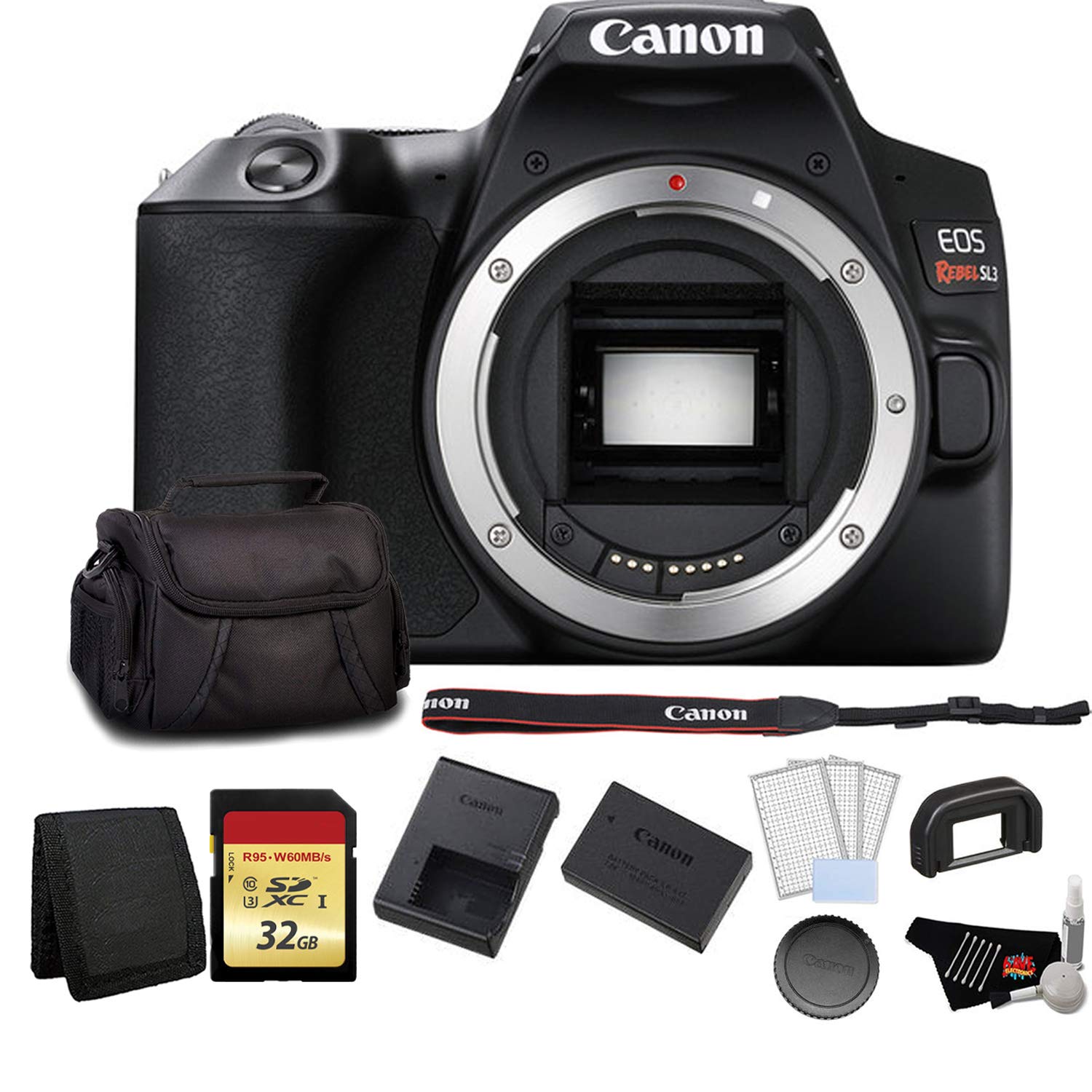 Canon EOS Rebel SL3 DSLR Camera (Black, Body Only) Bundle with 32GB Memory Card +LCD Screen Protectors and More