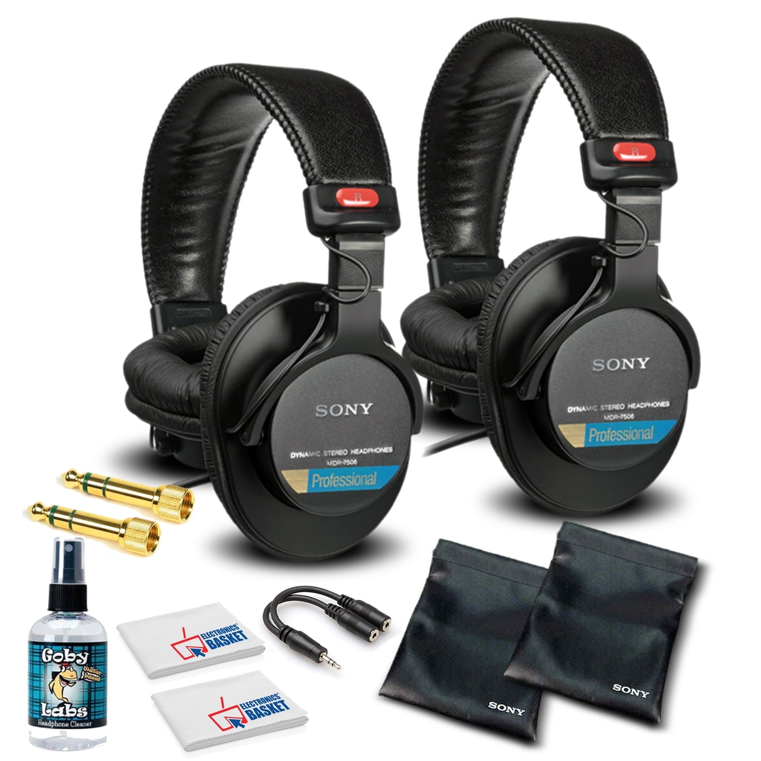 Sony MDR-7506 Headphones Professional Large Diaphragm Headphone 2 Pack Bundle with Headphone Cleaning Solution