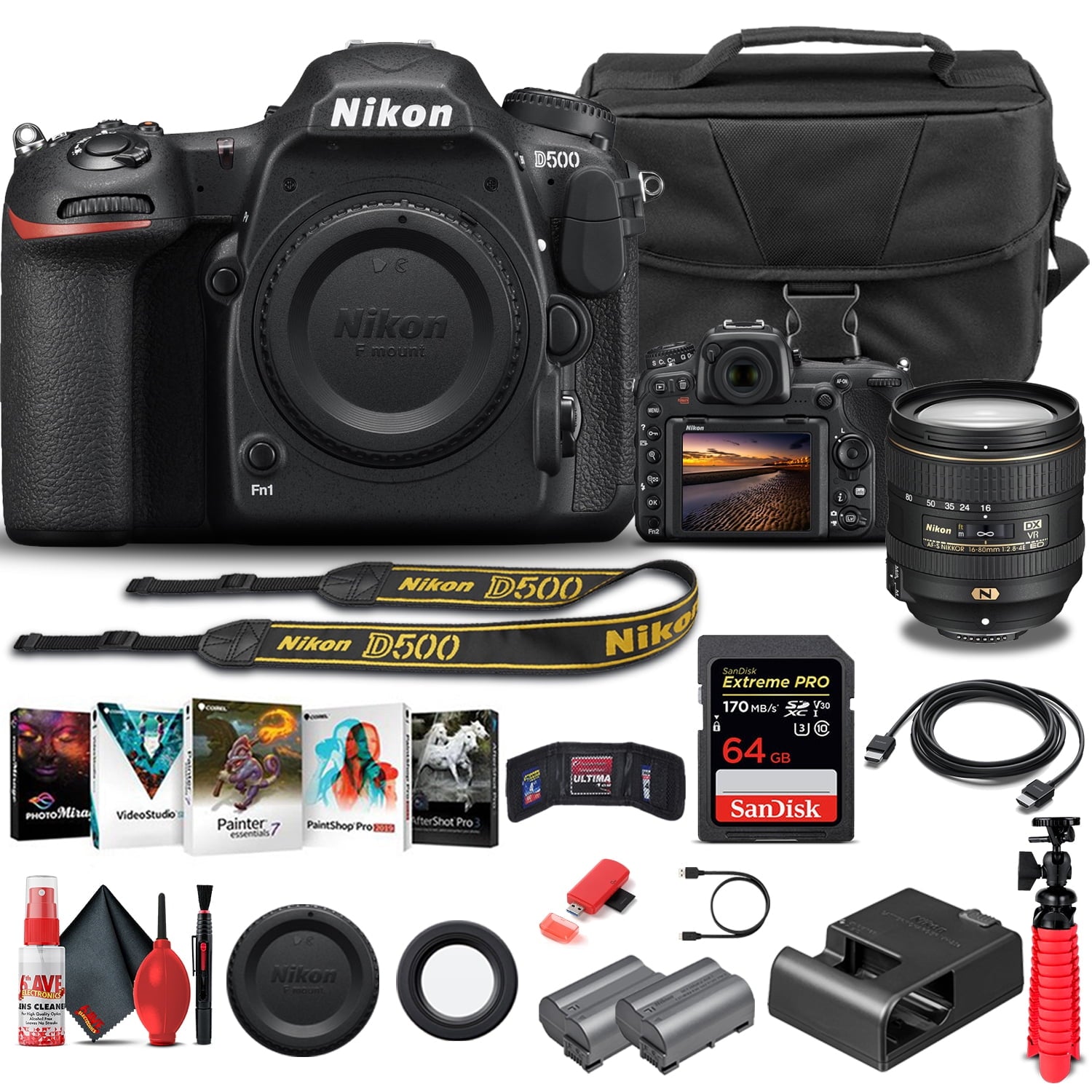 Nikon D500 DSLR Camera Body Only 1559 W/ Nikon 16-80mm Lens - Basic Bundle