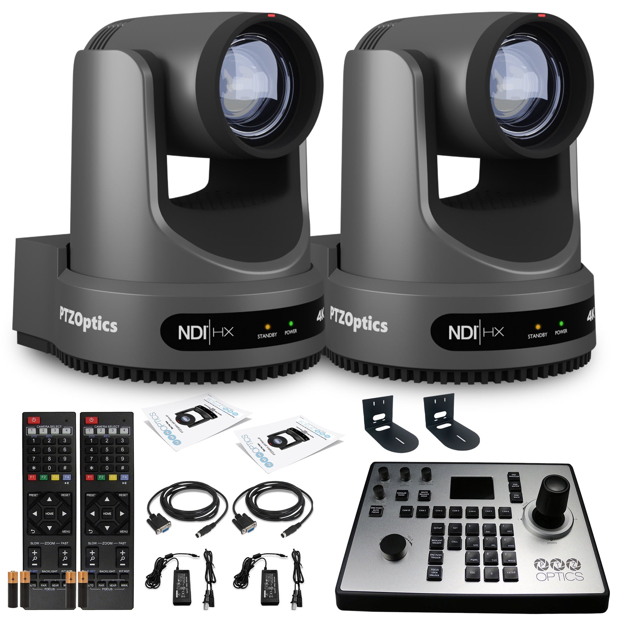 2 x PTZOptics Move 4K PTZ Camera with 12x Zoom Gray PT12X-4K-GY-G3 + PT-JOY-G4 Controller + 2 x Wall Mount