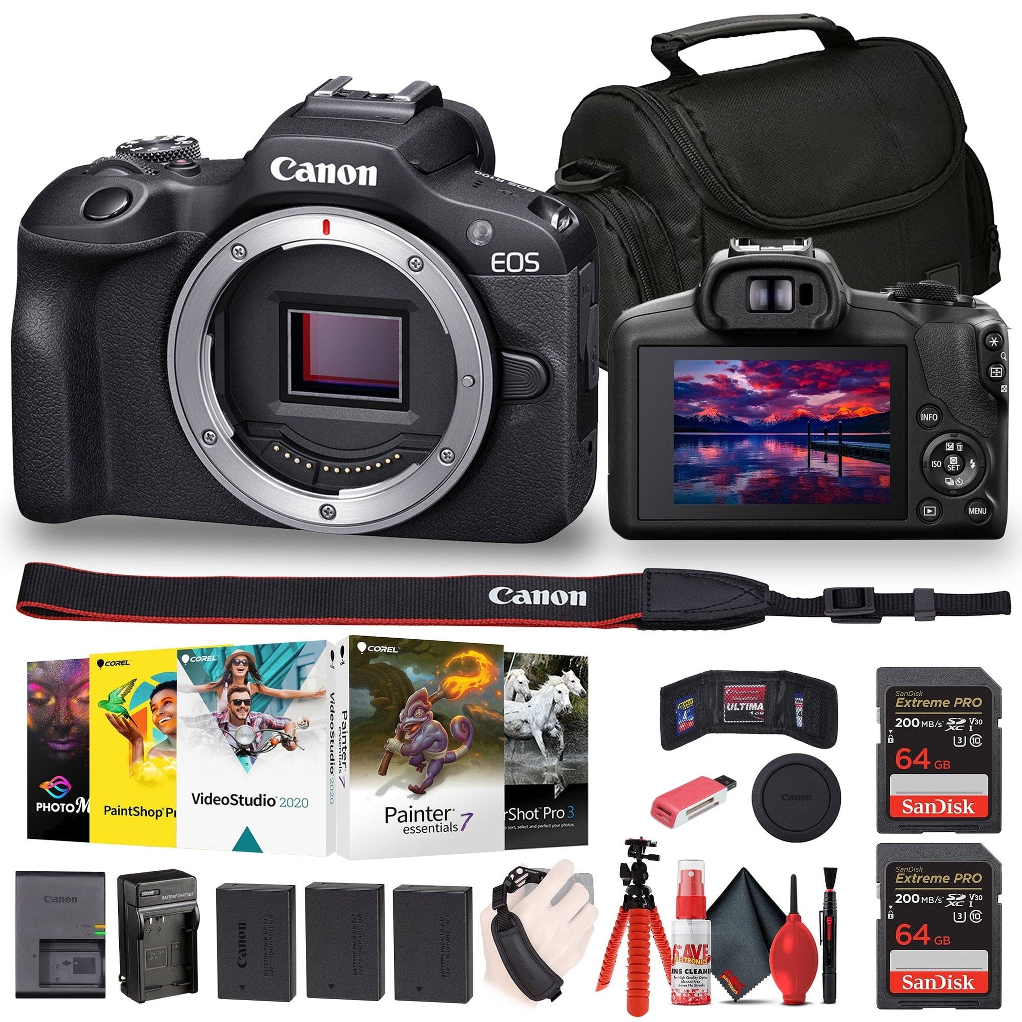 Canon EOS R100 Mirrorless Camera + Corel Photo Software + Bag + 2 x 64GB Card + More Canon