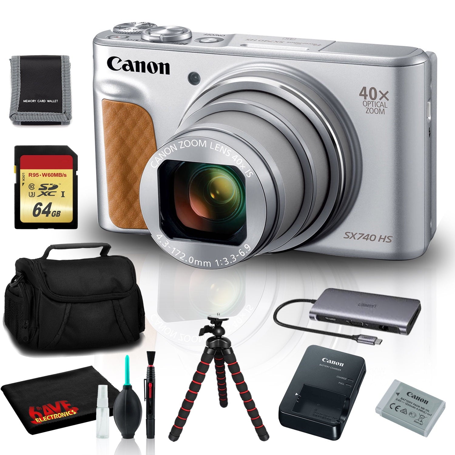 Canon PowerShot SX740 HS Digital Camera Silver with 64GB SD, Tripod, and More