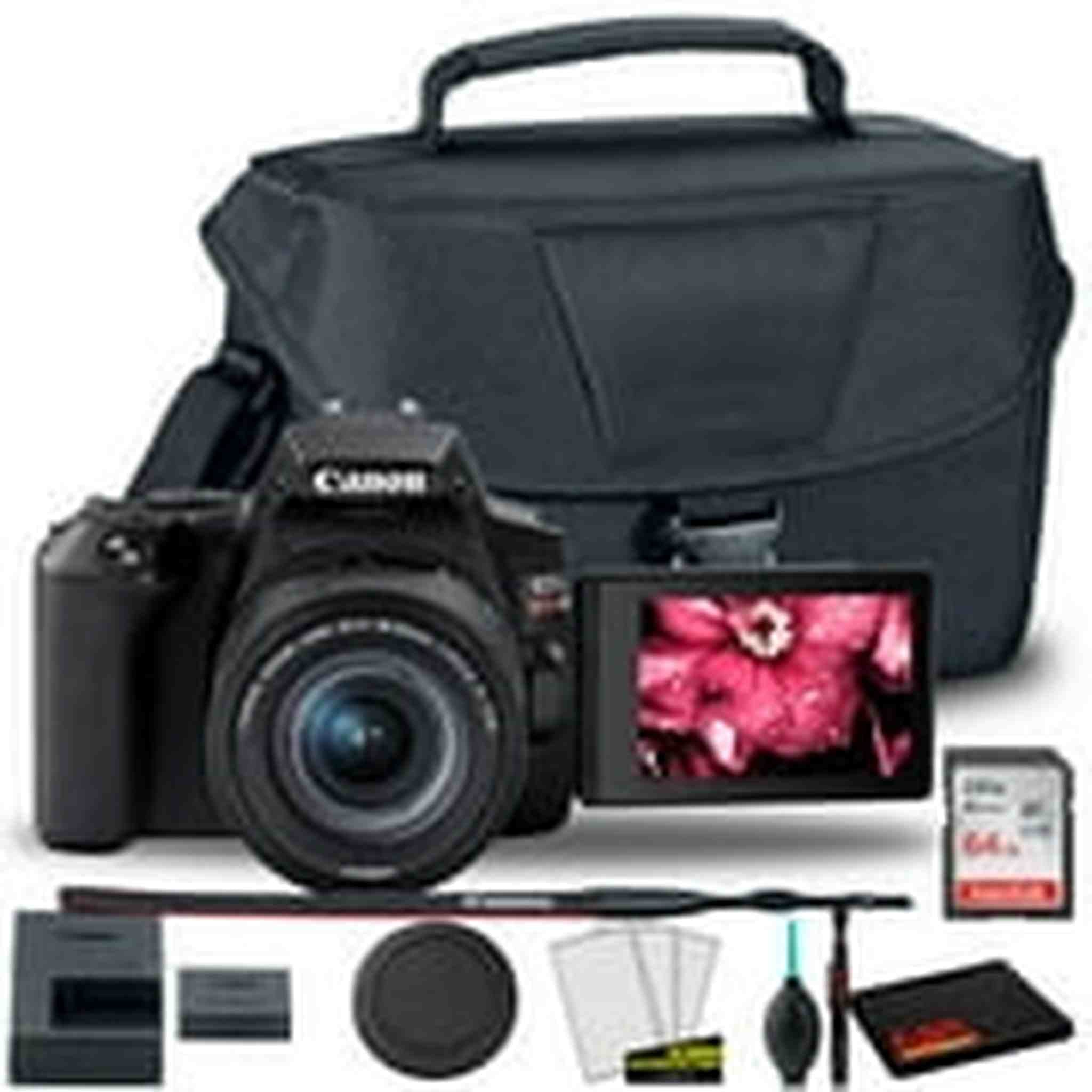 Canon EOS Rebel 250D/SL3 DSLR Camera with 18-55mm Lens Black + Canon EOS Bag + Sandisk Ultra 64GB Card + Cleaning Set and More