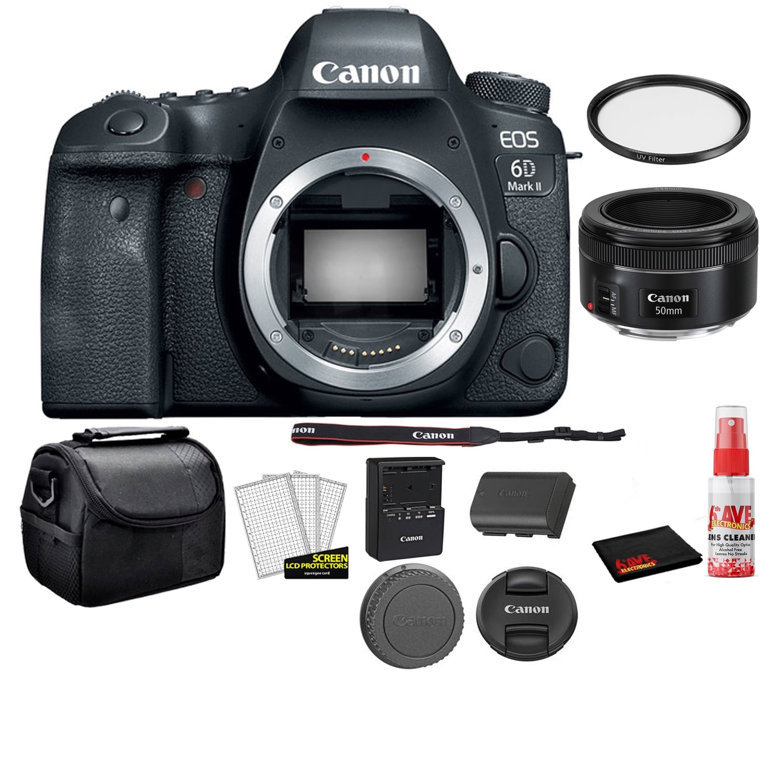 Canon EOS 6D Mark II 26.2MP Full Frame Digital SLR Camera (Body) 1897C002 Bundle Kit with Canon EF 50mm f/1.8 STM Lens + More