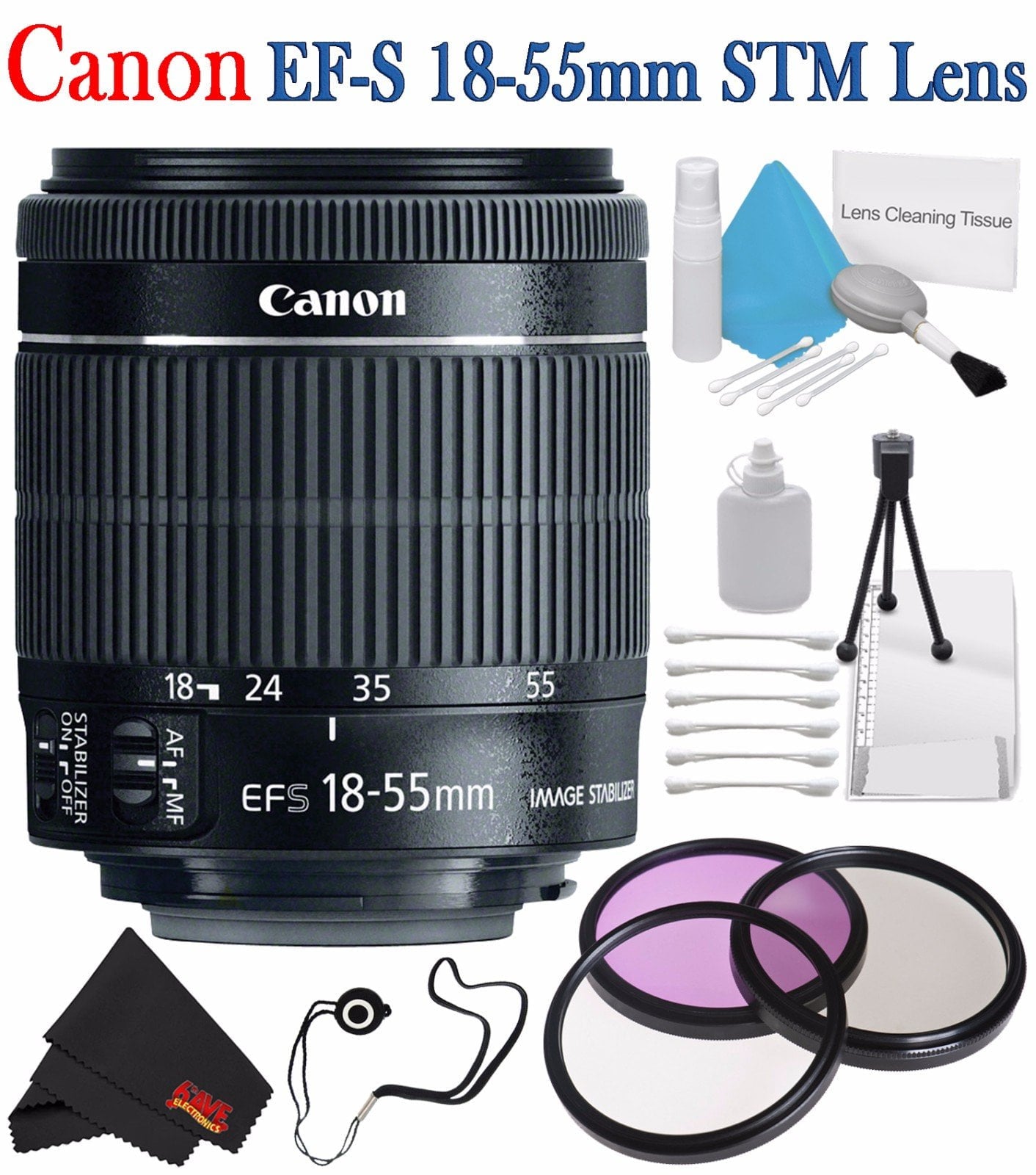 Canon EF-S 18-55mm f/3.5-5.6 IS STM Lens 8114B002 + 58mm 3 Piece Filter Kit + Deluxe 3pc Lens Cleaning Kit Bundle