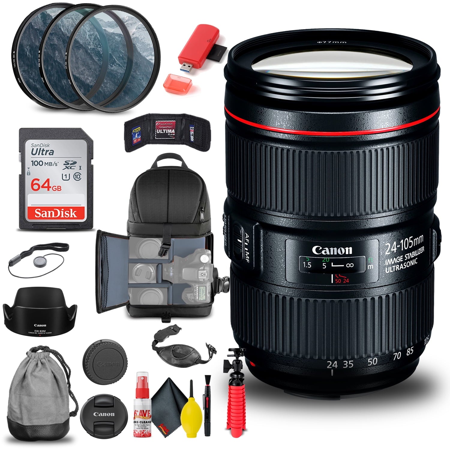 Canon EF 24-105mm f/4L IS II USM Lens 1380C002 + Filter Kit + BackPack Starter Bundle