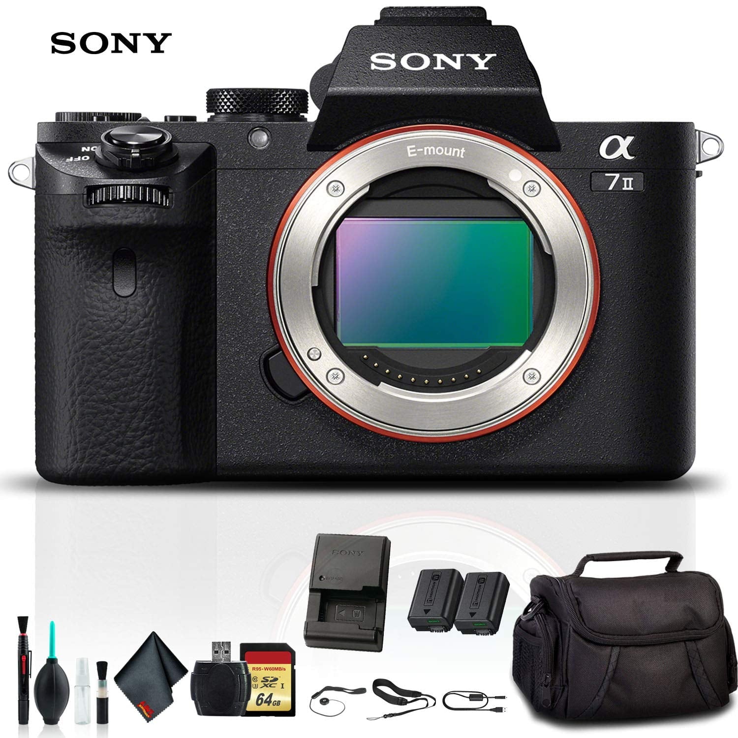 Sony Alpha a7 II Mirrorless Camera ILCE7M2/B With Soft Bag, 64GB Memory Card, Card Reader , Plus Essential Accessories