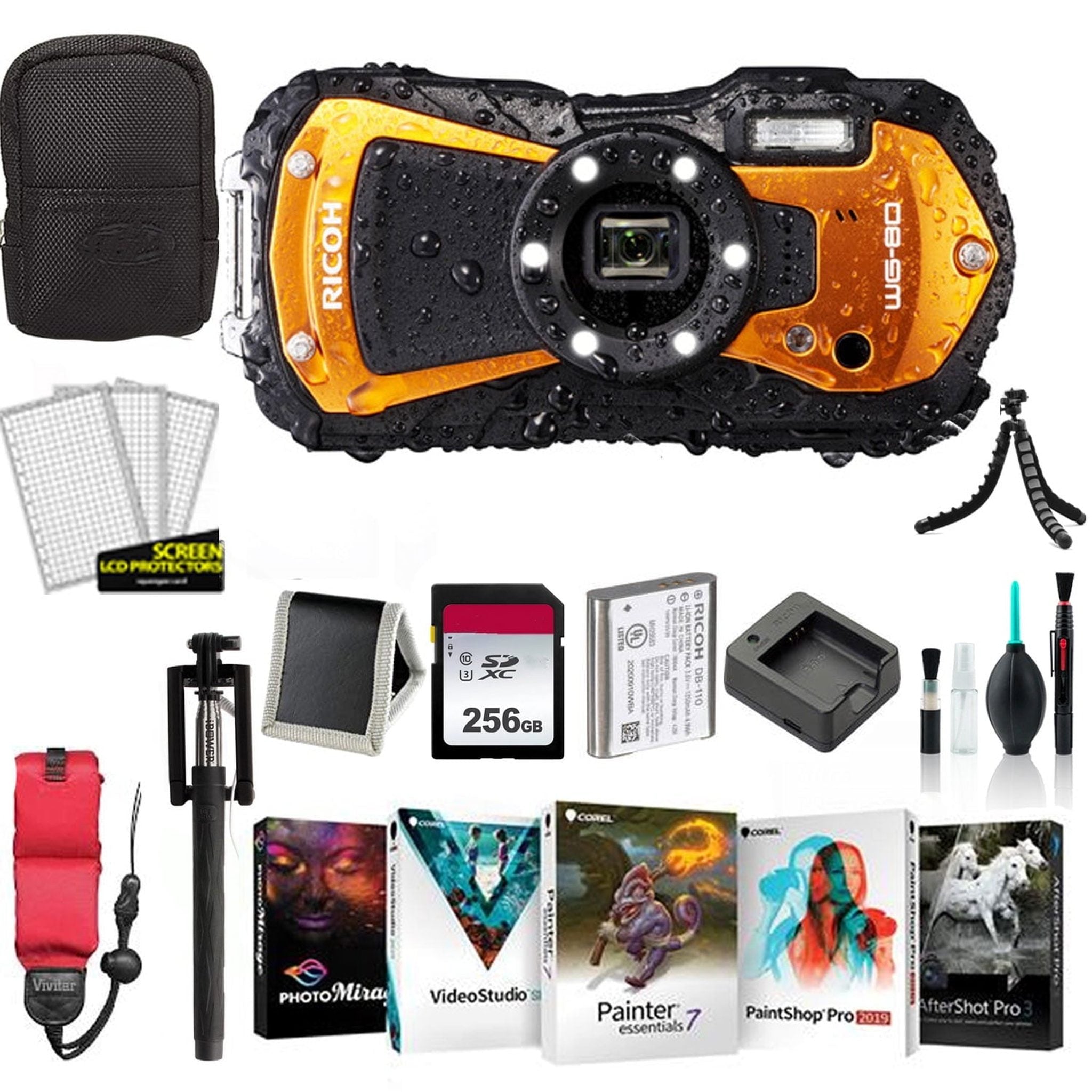 Ricoh WG-80 Waterproof Digital Camera Orange with 256GB Memory Card International Model Ricoh