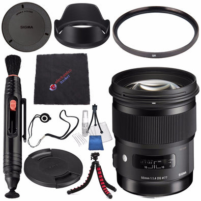 Sigma 50mm f/1.4 DG HSM Art Lens for Nikon F #311306 + Lens Pen Cleaner + Microfiber Cleaning Cloth + Lens Capkeeper + Deluxe Cleaning Kit + Flexible Tripod Bundle International Model No Warranty