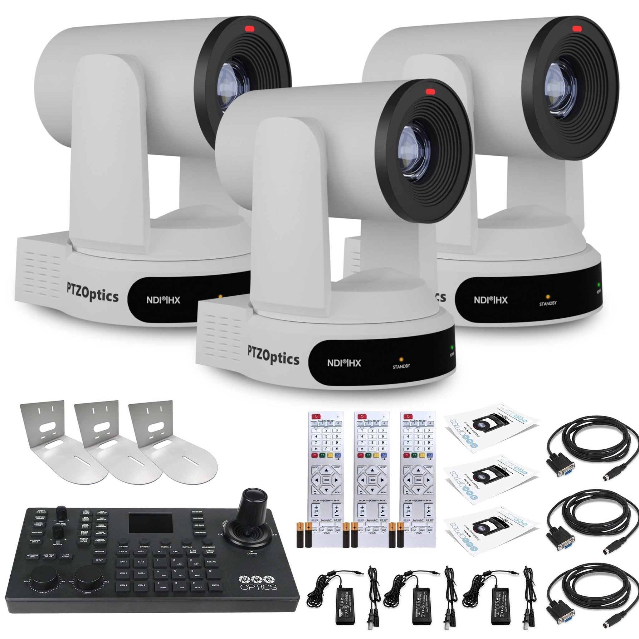3 x PTZOptics Move 4K PTZ Camera with 30x Zoom White PT30X-4K-WH-G3 + SuperJoy PTZ Controller + 3 x Wall Mount