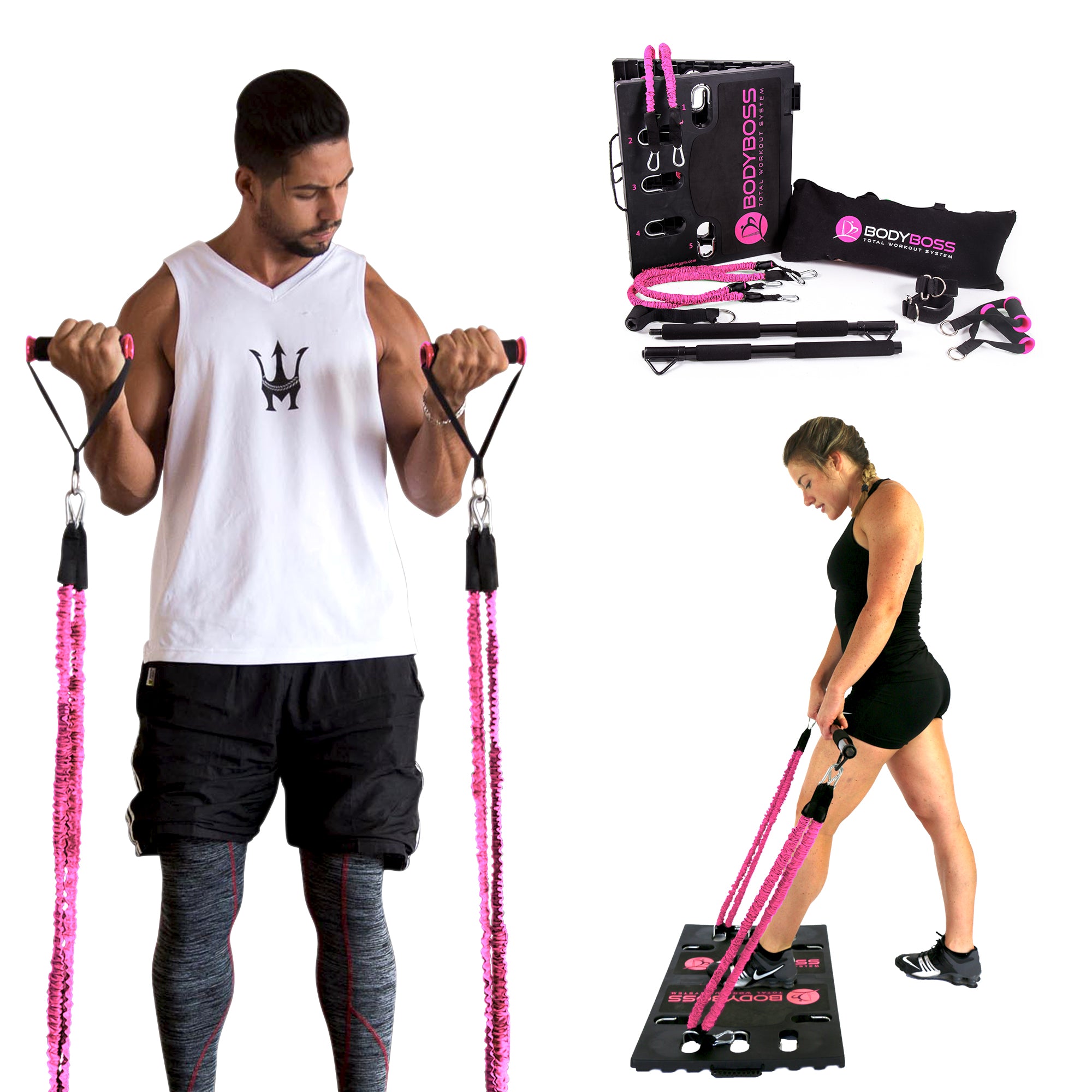 BodyBoss Home Gym 2.0 - Full Portable Gym Home + Extra Bands Workout Package, Pink