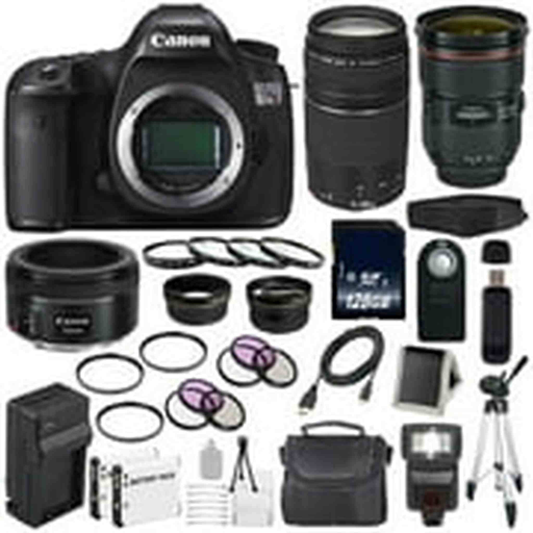 Canon EOS 5DS R DSLR Camera International Model 0582C002 + Canon EF 24-70mm f/2.8L II USM Lens + Canon EF 75-300 III+ EF 50mm f/1.8 STM Lens + LP-E6 Replacement Battery + Charger Bundle