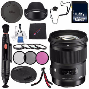 Sigma 50mm f/1.4 DG HSM Art Lens for Nikon F #311306 + 77mm 3 Piece Filter Kit + 128GB SDXC Memory Card + Lens Pen Cleaner + Microfiber Cleaning Cloth + Tripod Bundle International Model No Warranty