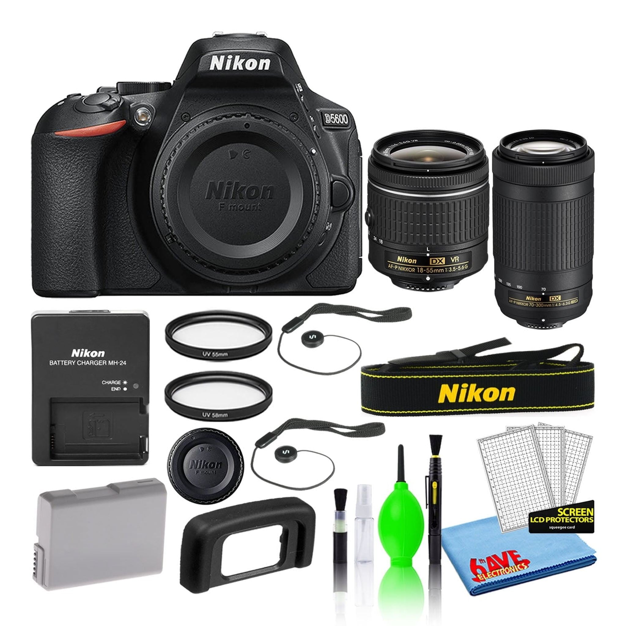 Nikon D5600 Digital Camera with Dual Lenses 1580 + 55/58mm UV Filters Intl