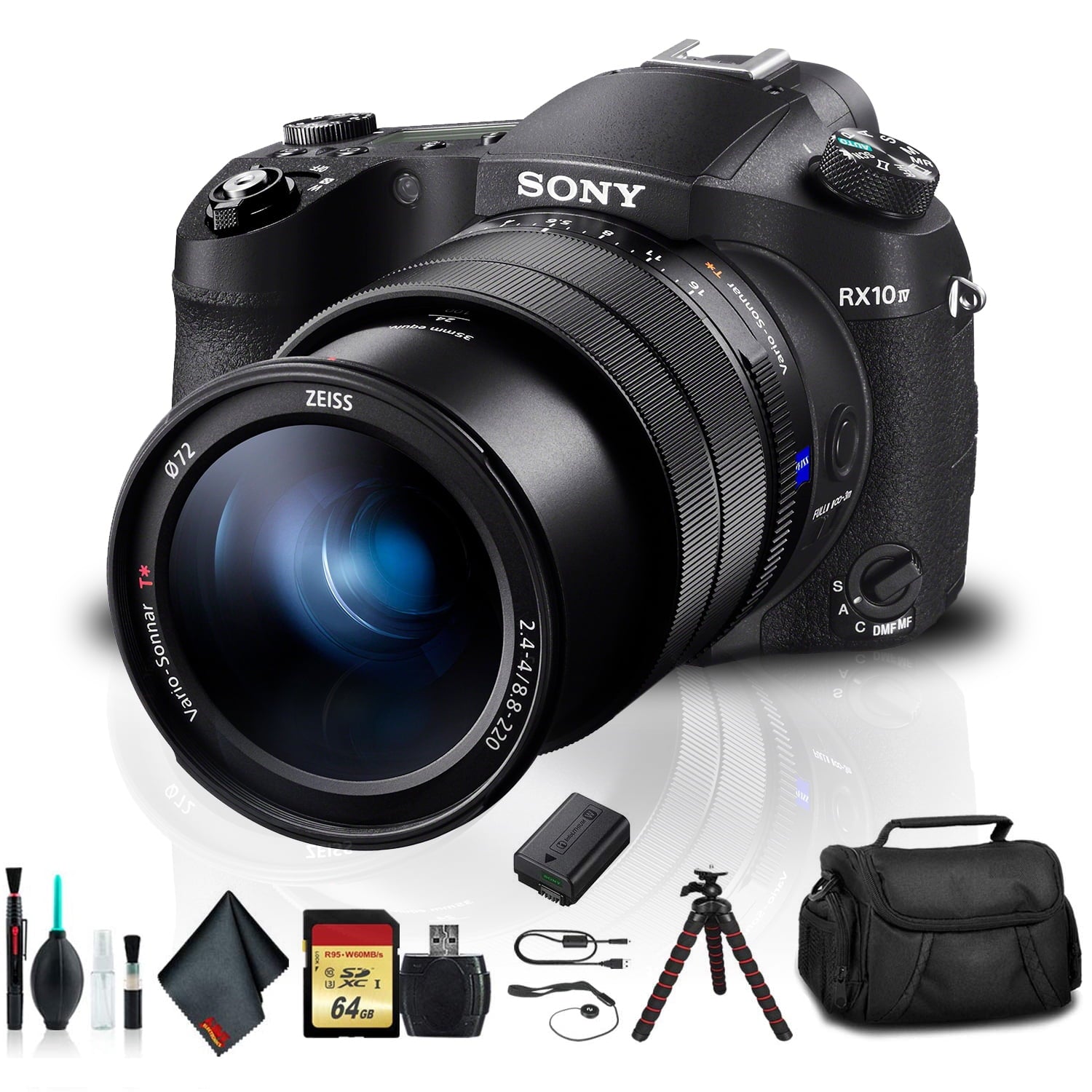 Sony Cyber-shot DSC-RX10 IV Camera DSCRX10M4/B With Soft Bag, Additional Battery, 64GB Memory Card, Card Reader , Plus Essential Accessories