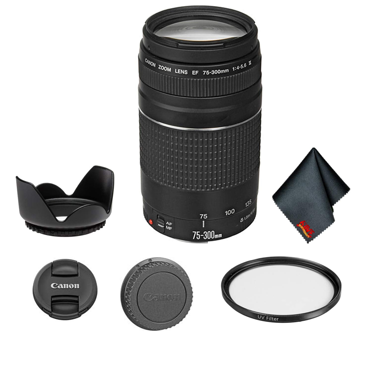 Canon EF 75-300mm f/4-5.6 III Telephoto Zoom Lens 6473A003 Bundle with Tulip Lens Hood + UV Filter + More