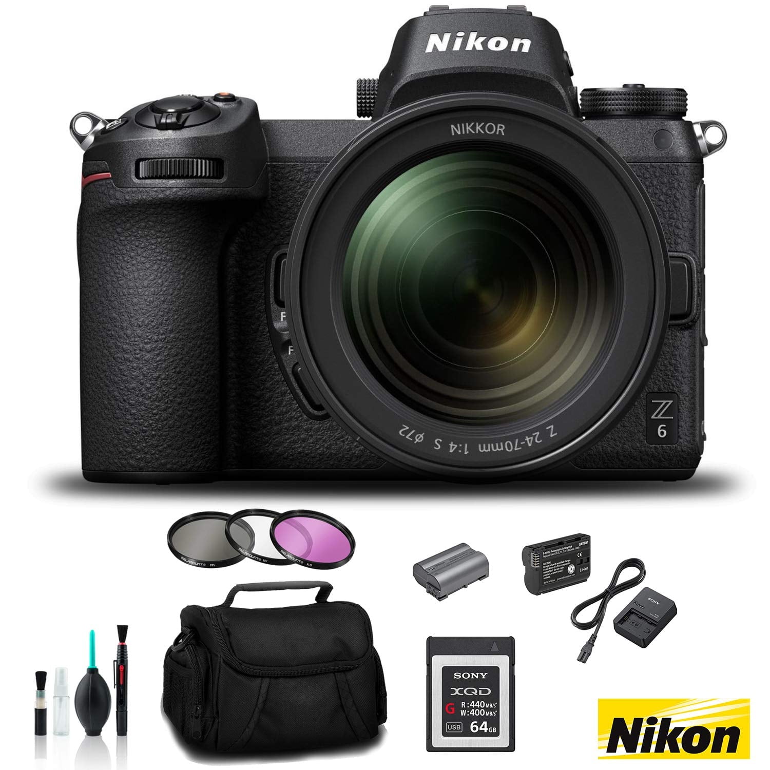 Nikon Z 6 Mirrorless FX-Format Digital Camera with 24-70mm Lens - Bundle 64GB Memory Card + EN-EL15 Li-on Battery + Exte