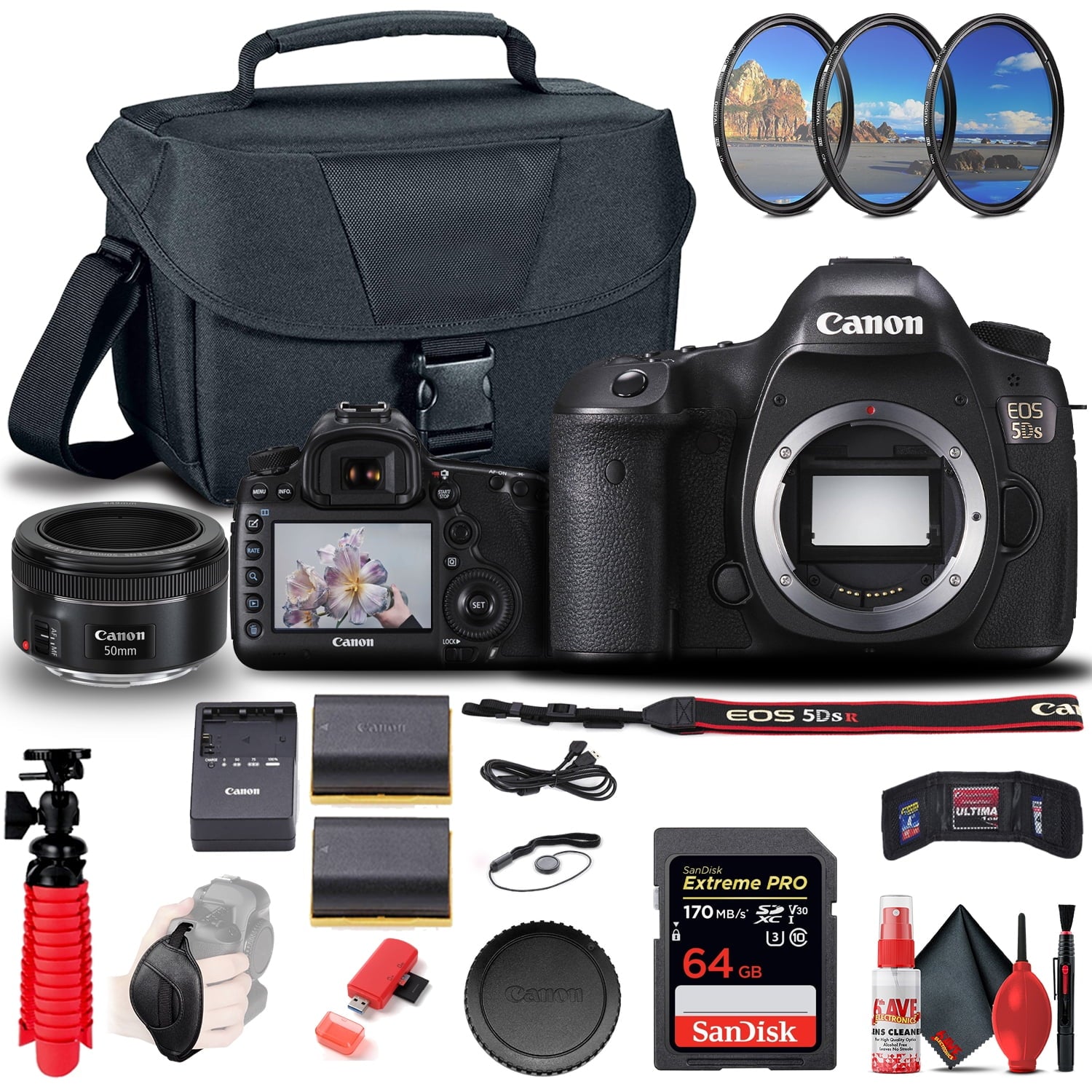 Canon EOS 5DS DSLR Camera 0581C002 + Canon EF 50mm Lens + 64GB Card + More