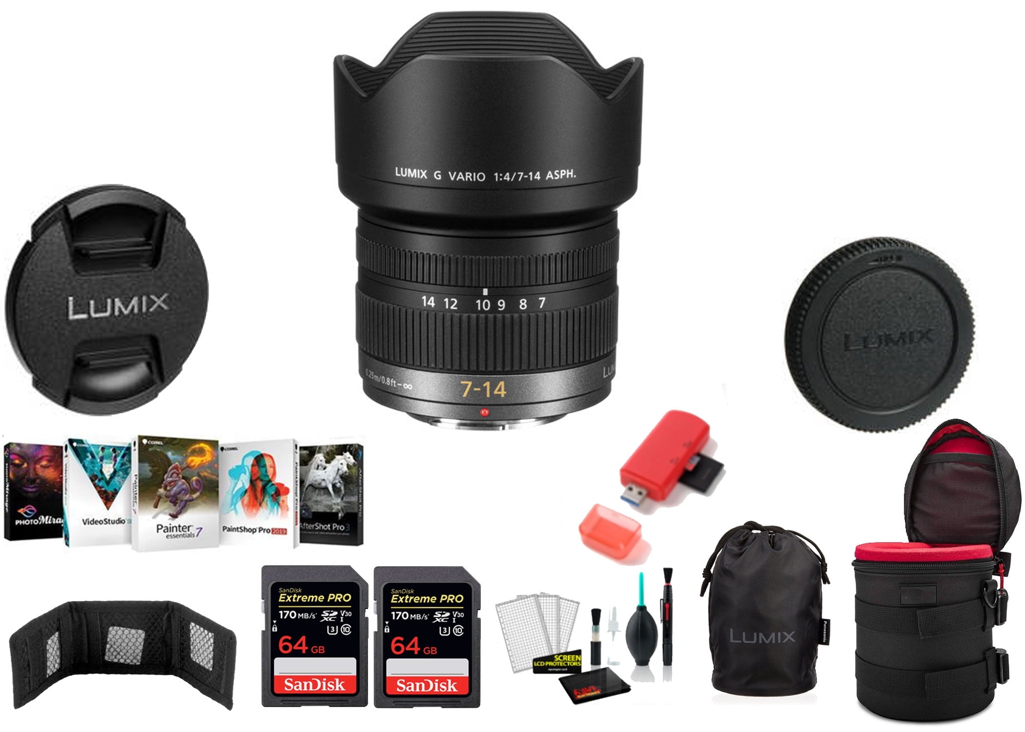 Panasonic Lumix G Vario 7-14mm f/4 ASPH. Lens with 2x 64 Memory Cards and More International Model