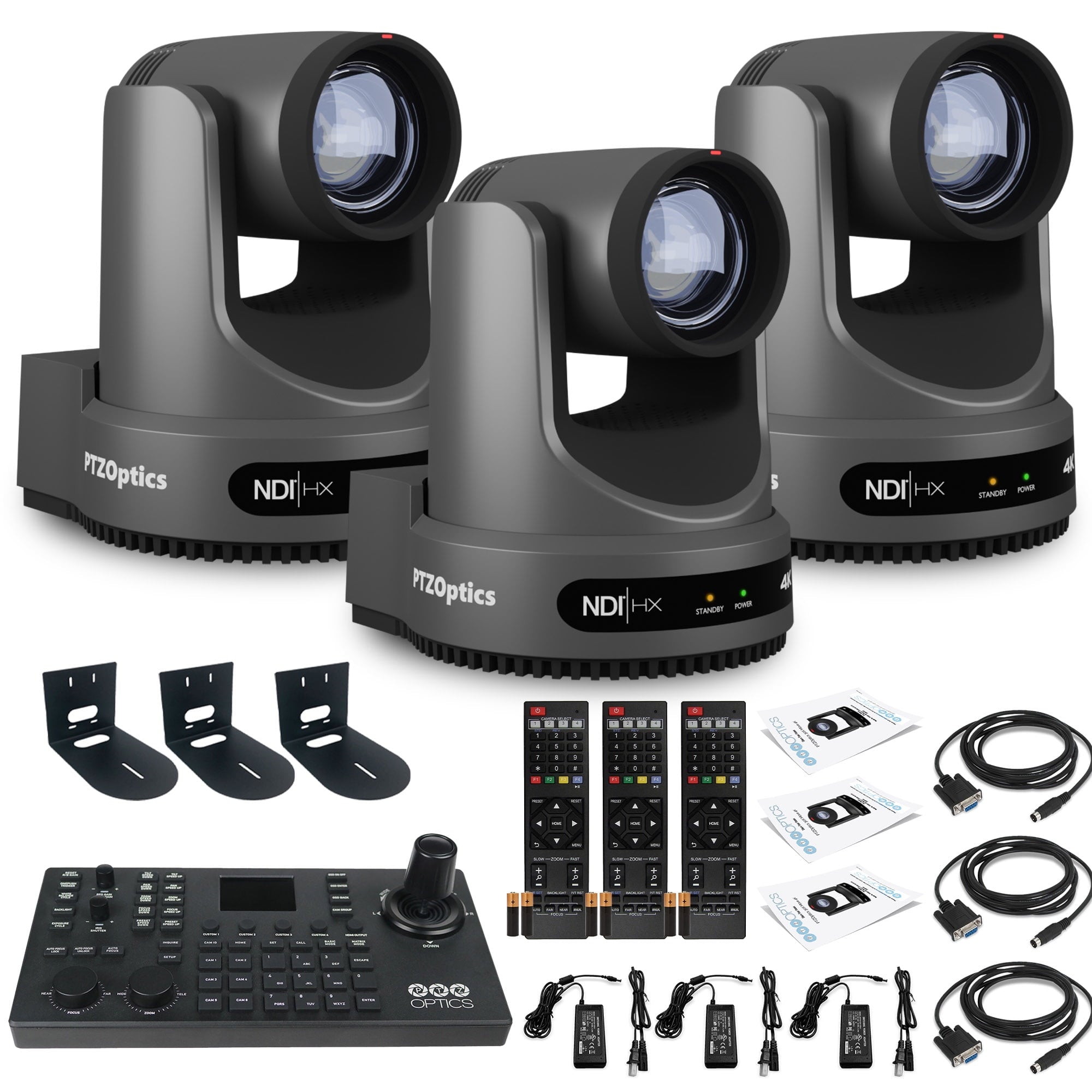 3 x PTZOptics Move 4K PTZ Camera with 12x Zoom Gray PT12X-4K-GY-G3 + SuperJoy PTZ Controller + 3 x Wall Mount