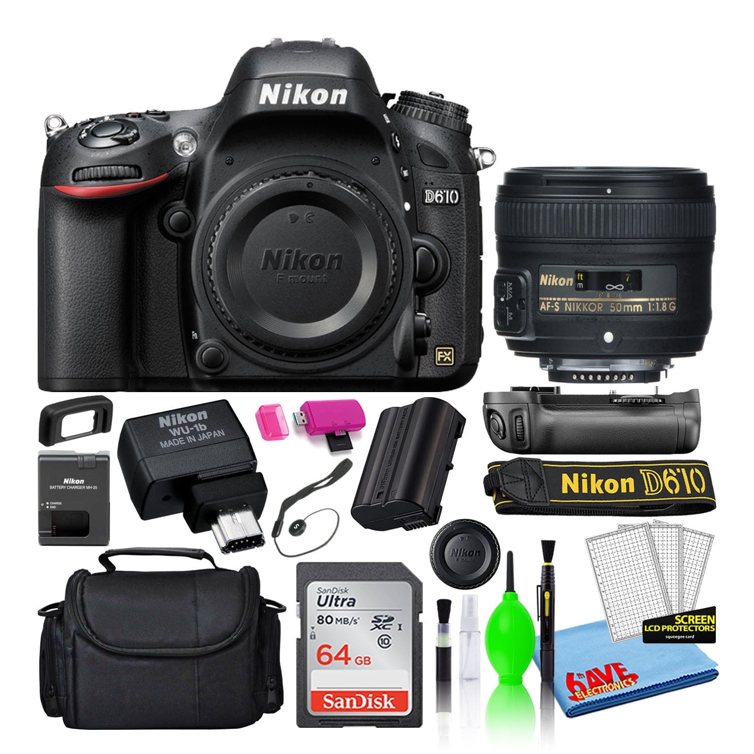 Nikon D610 Digital Camera with 50mm Lens, MBD-14 Grip, WU-1b Adapter 13550, Intl