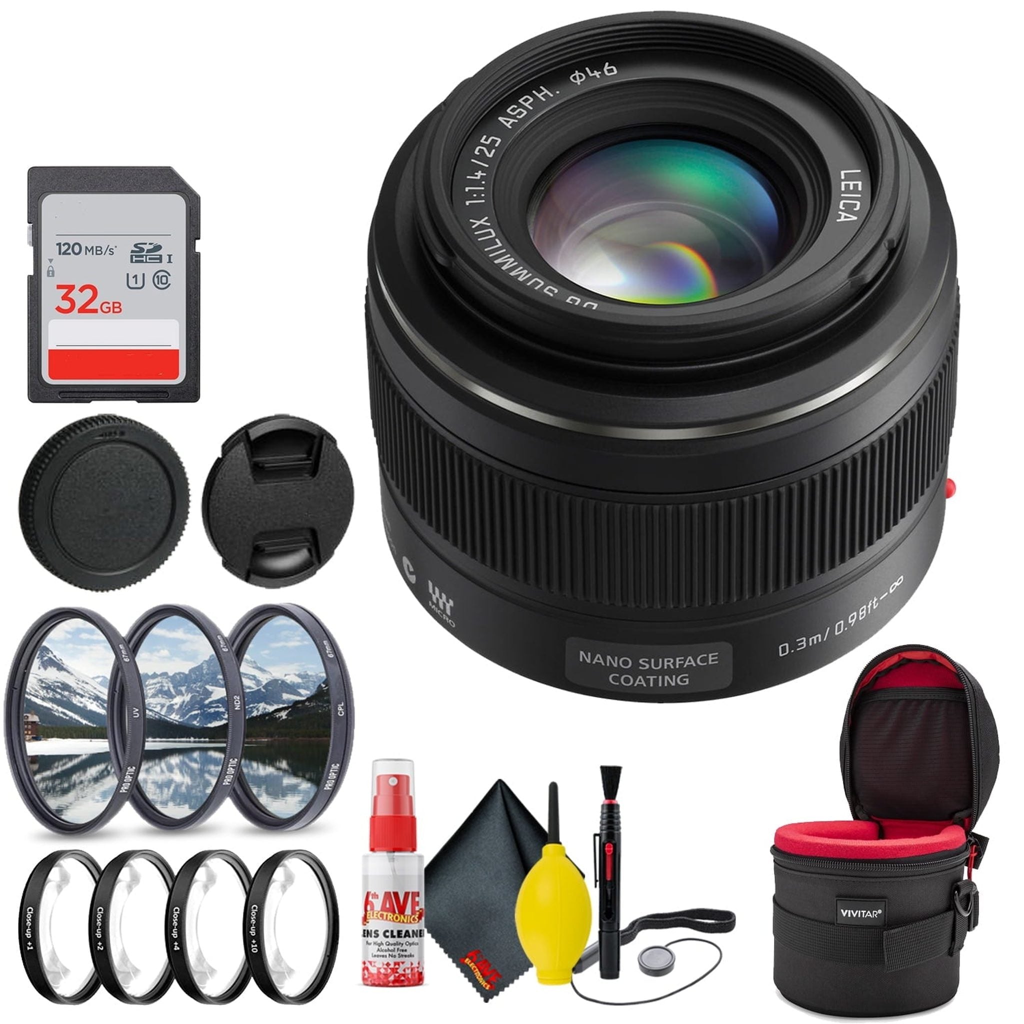 Panasonic Leica DG Summilux 25mm f/1.4 ASPH Lens + 6Ave Lens Kit Bundle