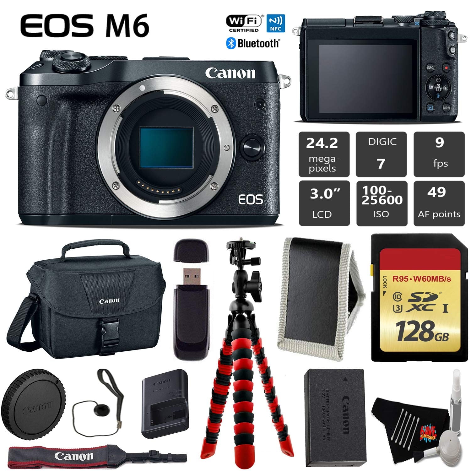 Canon EOS M6 Mirrorless Digital Camera Black, Body Only + 128GB Class 10 Memory Card + Canon Camera Case + Flexible Tr