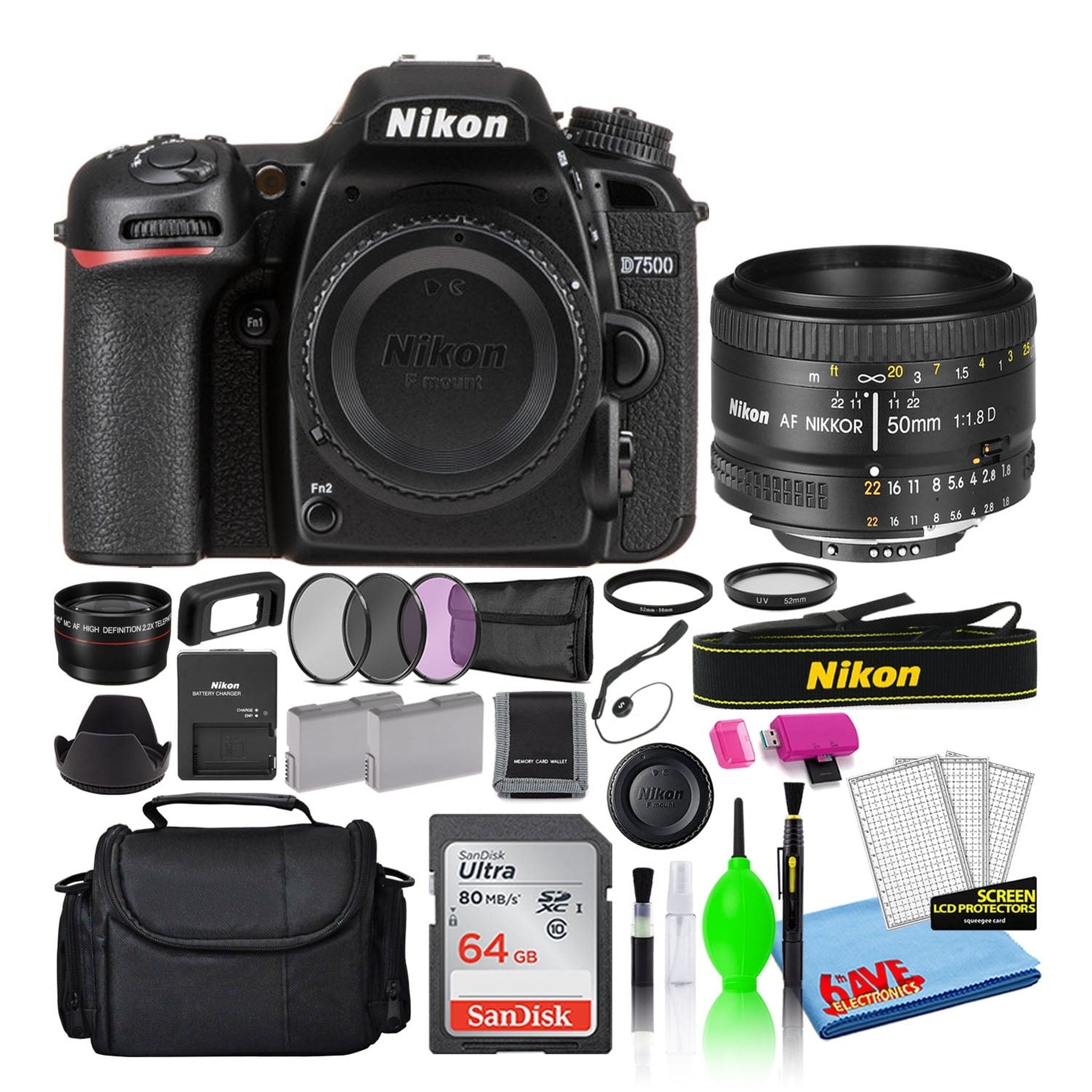 Nikon D7500 Digital Camera with 50mm f/1.8D Lens 1581 + 64GB Card + Bag Intl