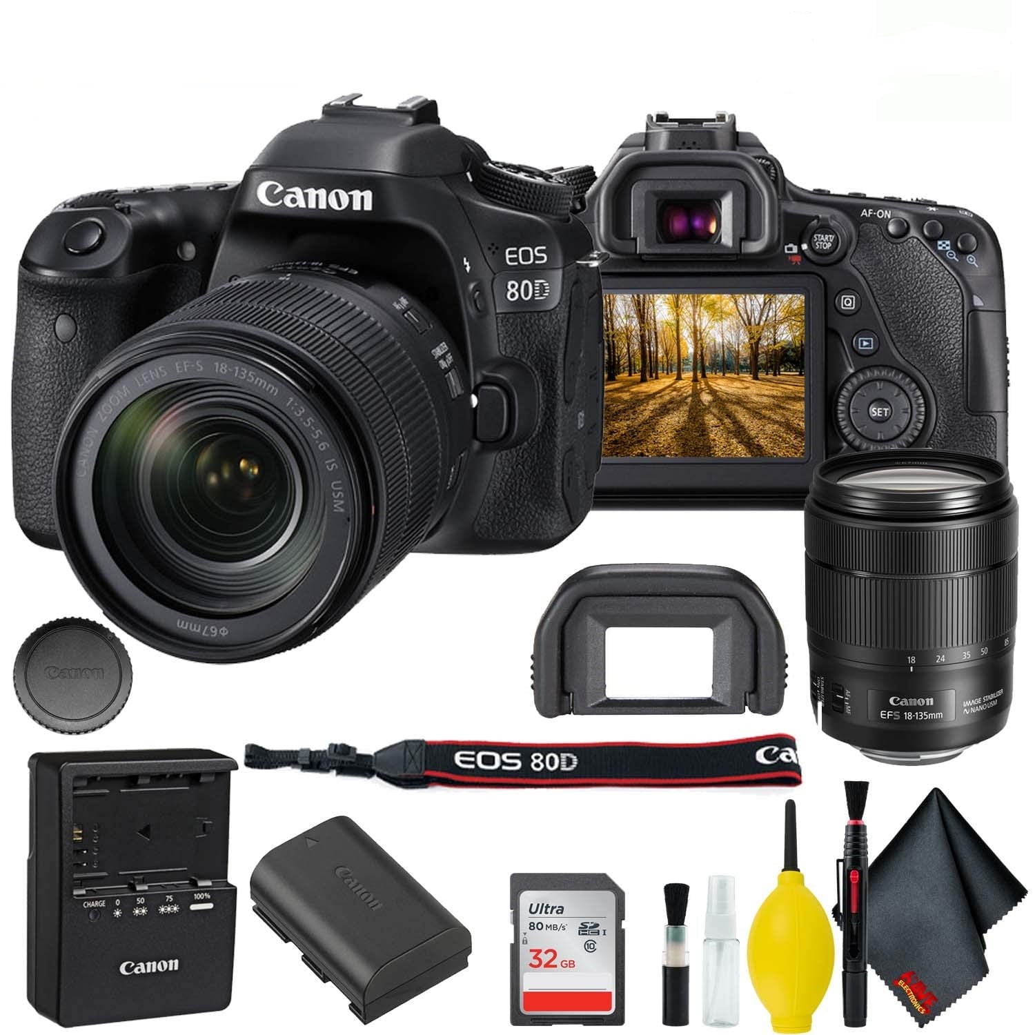 Canon EOS 80D DSLR Camera with 18-135mm Lens Accessory Bundle w/Cleaning Kit