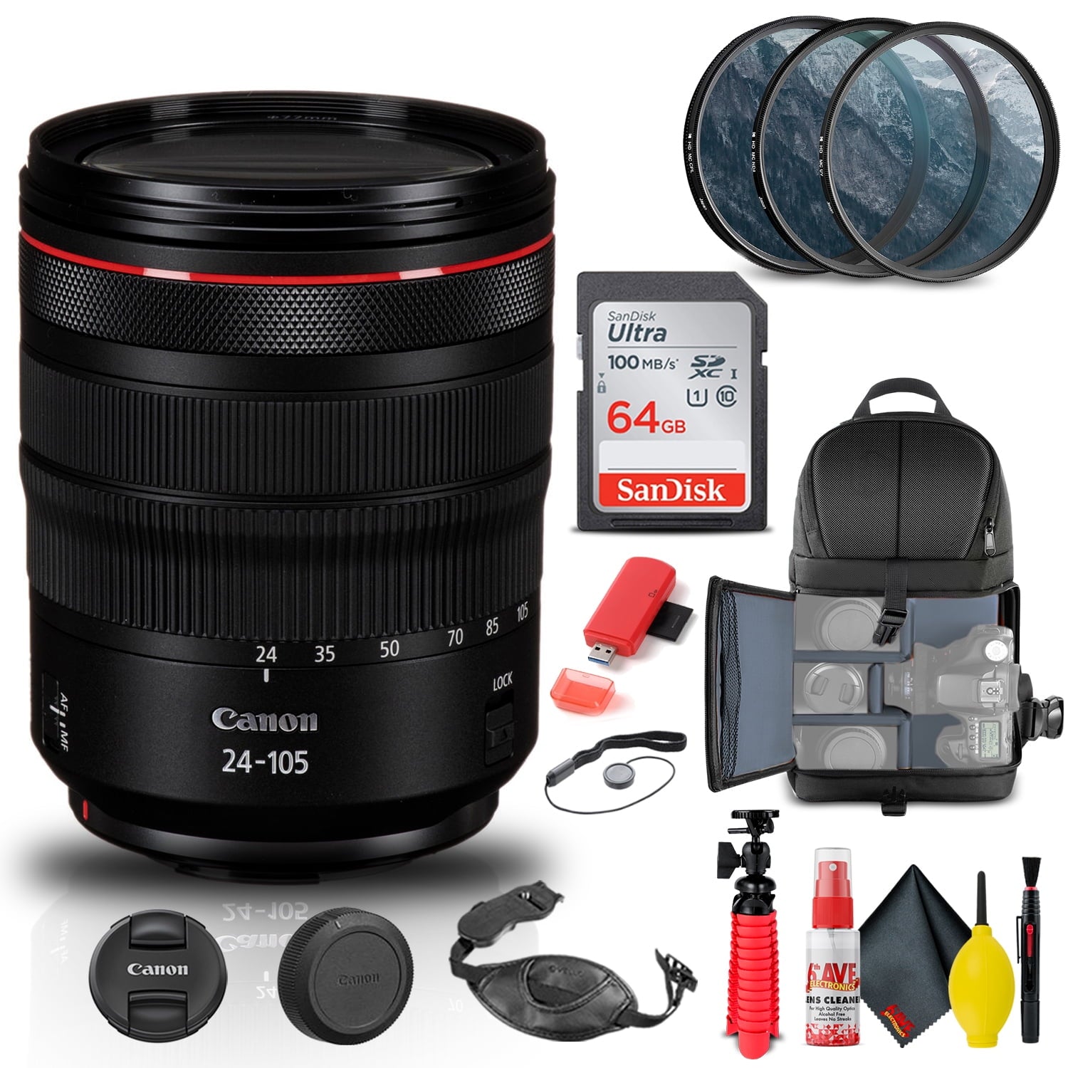 Canon RF 24-105mm f/4L IS USM Lens (2963C002) + Filter + BackPack + 64G + More