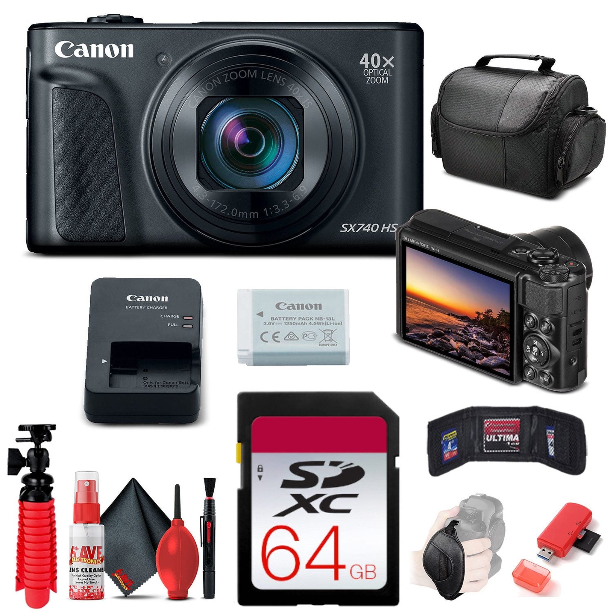 Canon PowerShot SX740 HS Camera Black 2955C001 + 64GB Card Base Bundle
