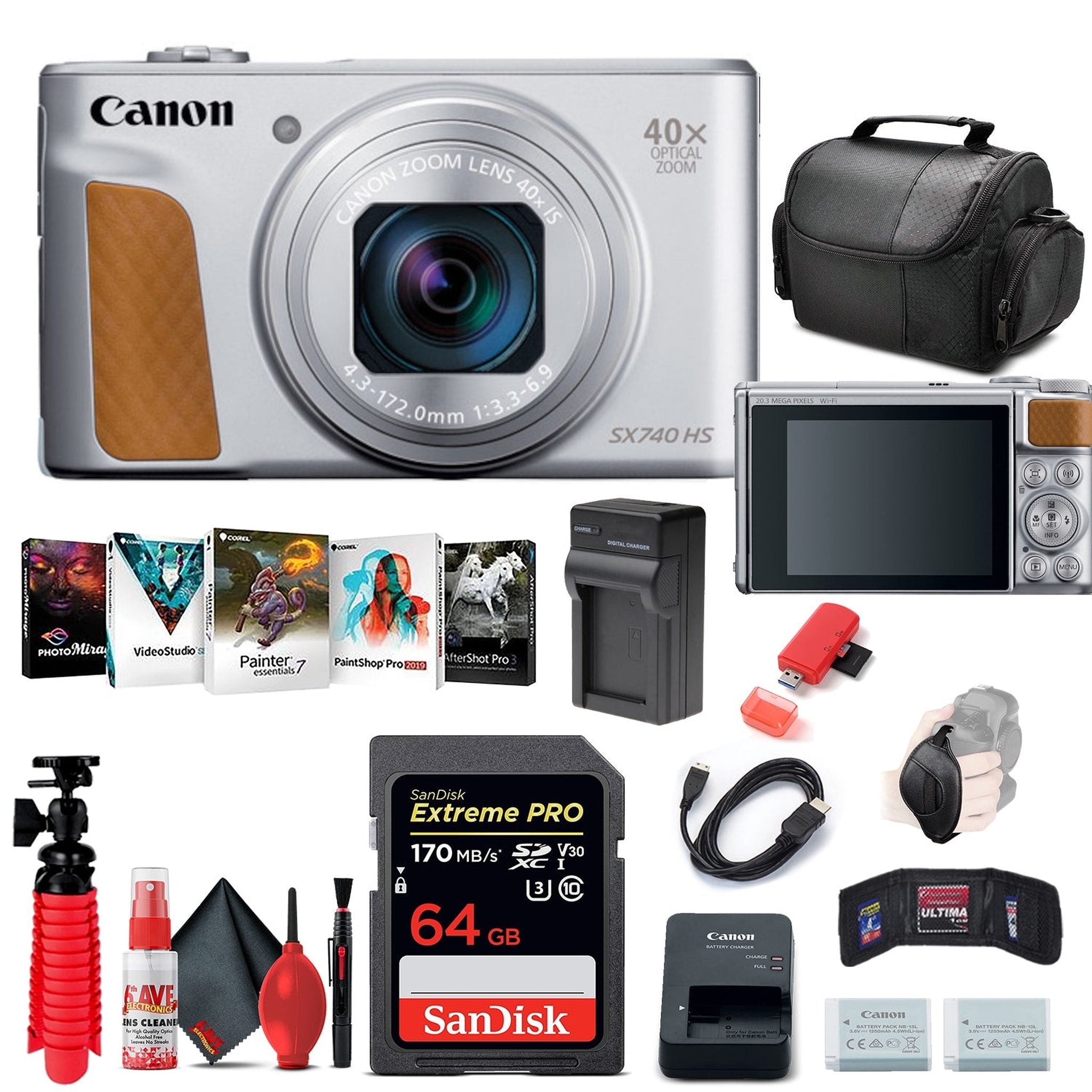 Canon PowerShot SX740 HS Digital Camera Silver 2956C001 + 64GB Card + More Canon