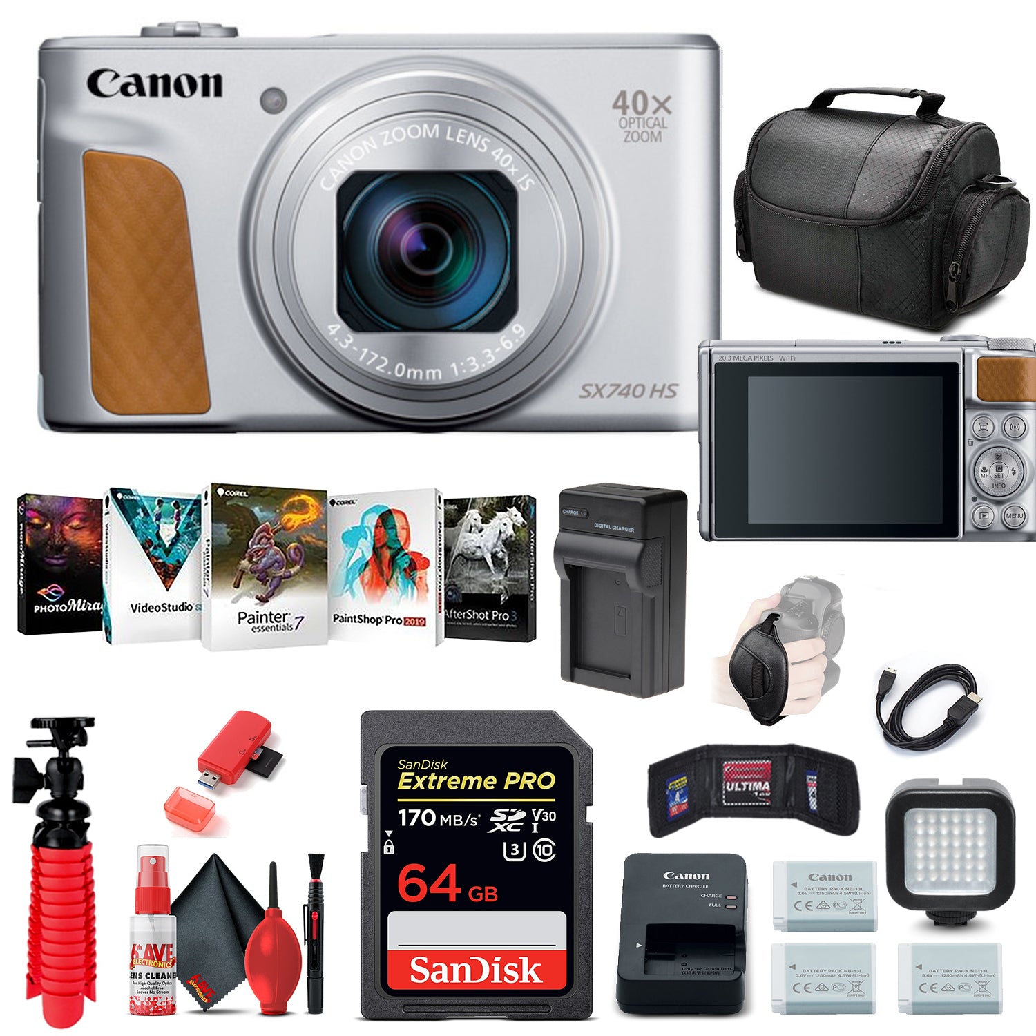 Canon PowerShot SX740 HS Digital Camera Silver 2956C001 + 64GB Card + More