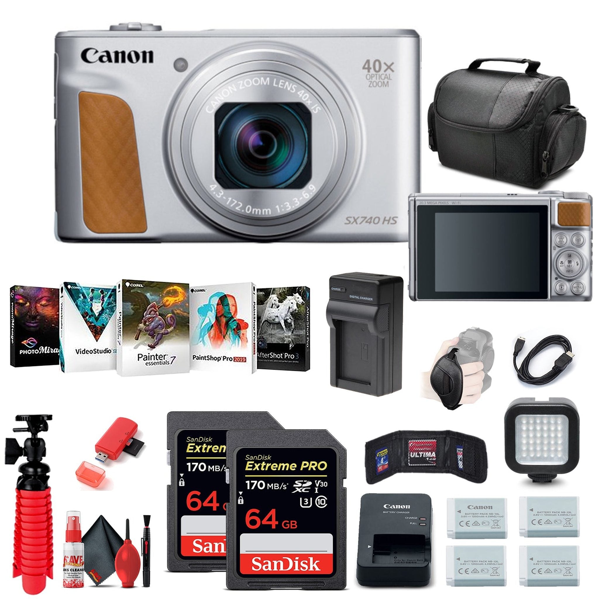 Canon PowerShot SX740 HS Digital Camera Silver 2956C001 + 64GB Card + More Canon