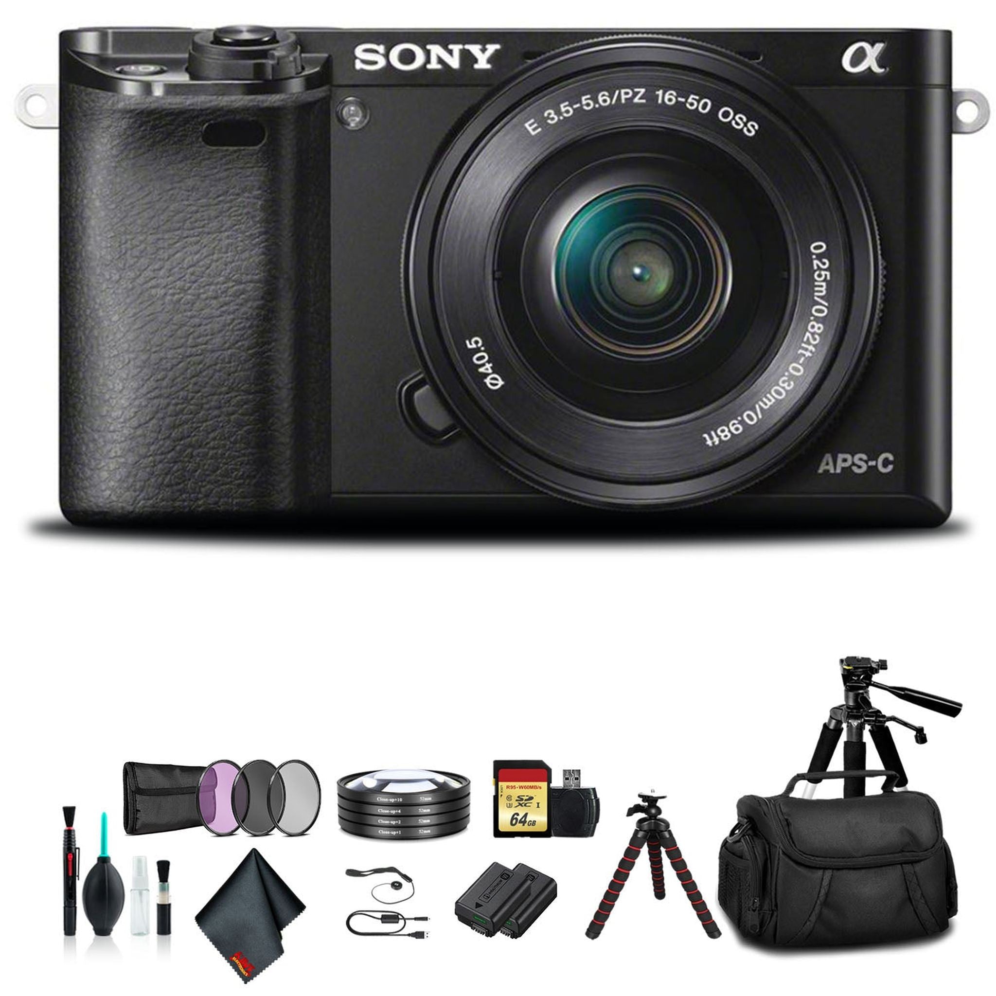 Sony Alpha a6000 Mirrorless Camera with 16-50mm Lens Black With Soft Bag, Additional Battery, 64GB Memory Card, Card Reader , Plus Essential Bundle - Reconditioned Sony